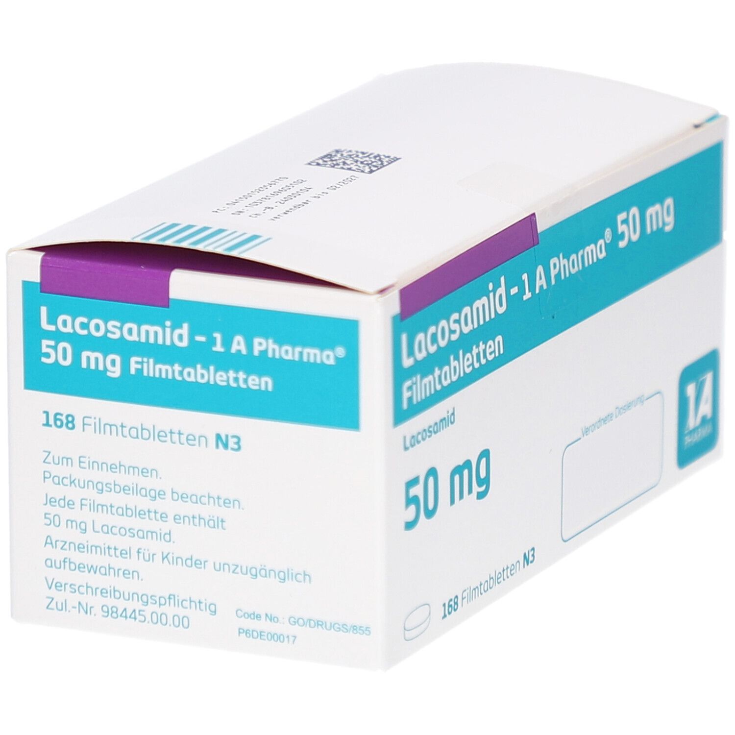 Schachtel LACOSAMID-1 A Pharma 50 mg Filmtabletten. Blaue und weiße Verpackung mit Produktinformationen. Ansicht von oben.