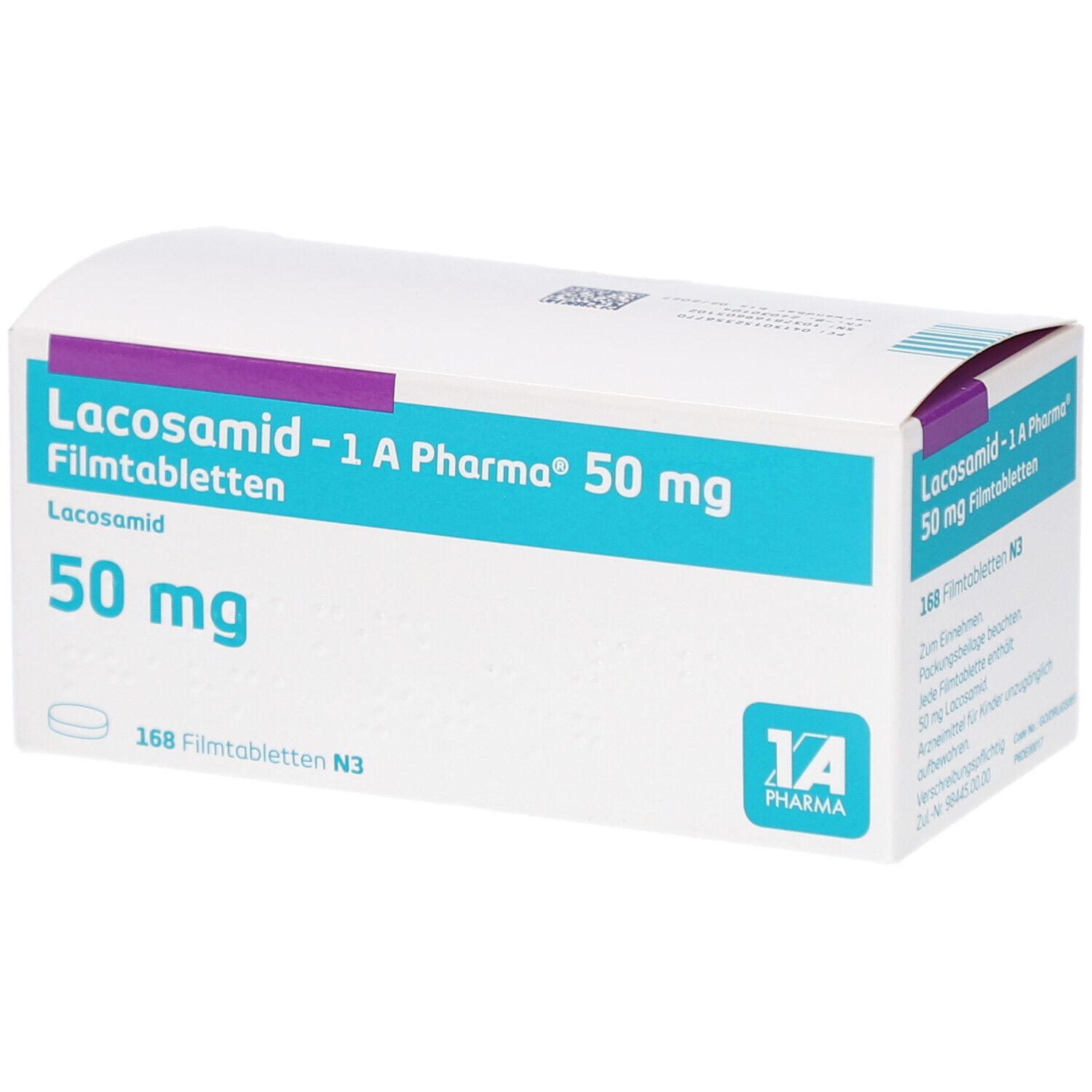 Schachtel mit LACOSAMID-1 A Pharma 50 mg Filmtabletten. Blaue und weiße Verpackung mit Produktinformationen und Logo.
