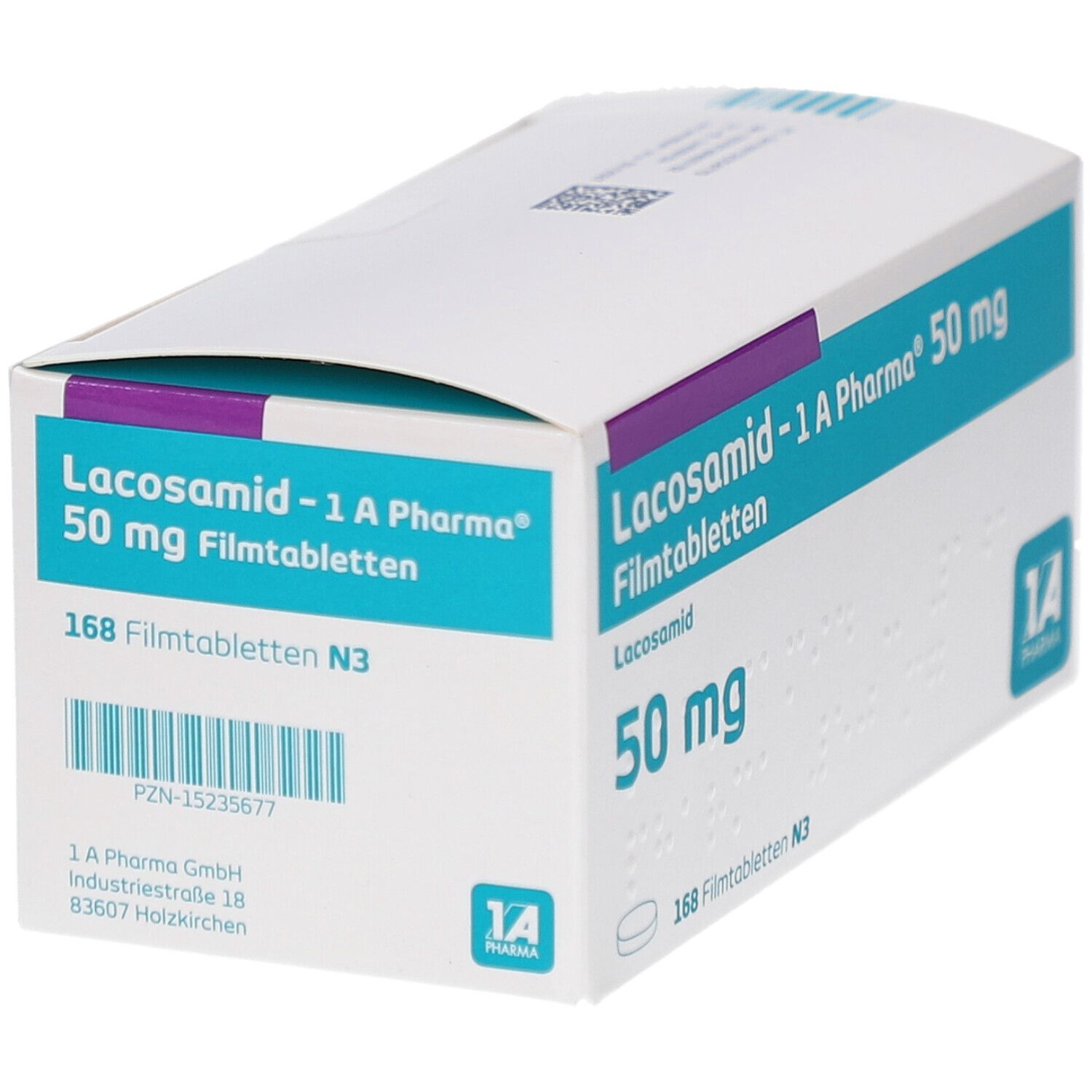 Schachtel LACOSAMID-1 A Pharma 50 mg Filmtabletten. Blaue und weiße Verpackung mit Produktinformationen und Logo. Nahaufnahme.