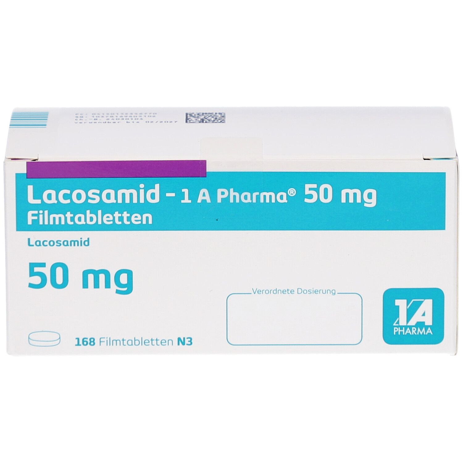 Schachtel mit LACOSAMID-1 A Pharma 50 mg Filmtabletten. Blaue und weiße Verpackung mit Produktinformationen und Logo.