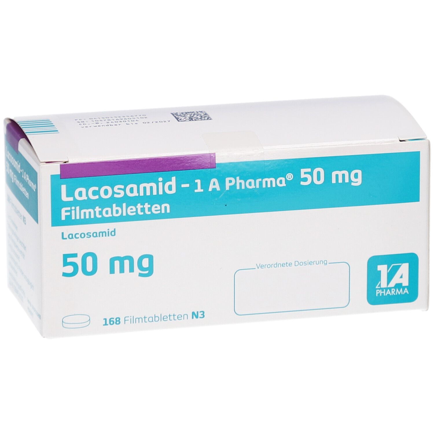 Schachtel mit LACOSAMID-1 A Pharma 50 mg Filmtabletten. Blaue und weiße Verpackung mit Produktinformationen und Logo.