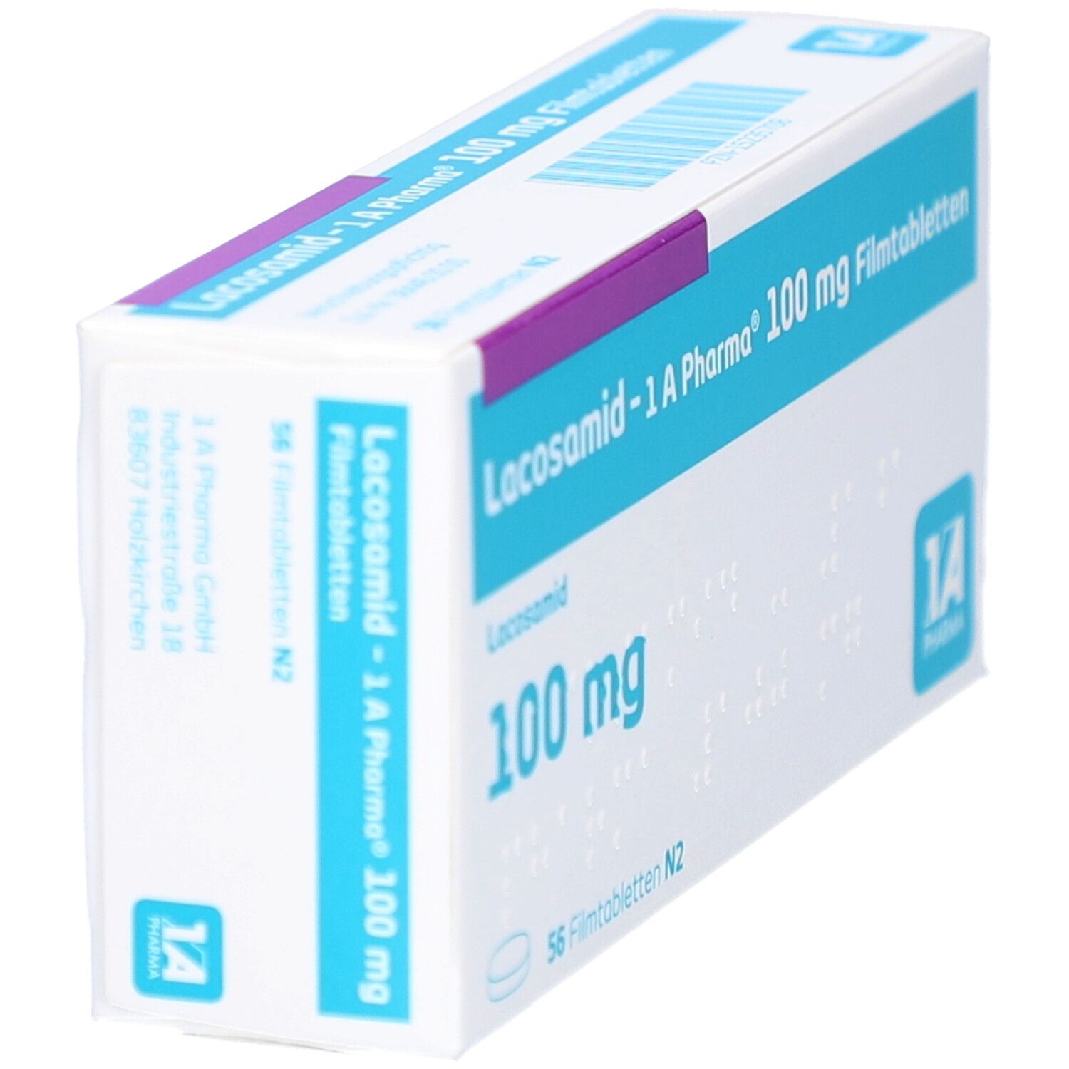Schachtel LACOSAMID-1A Pharma 100 mg Filmtabletten. Weiße Schachtel mit blauem Streifen und Produktinformationen.