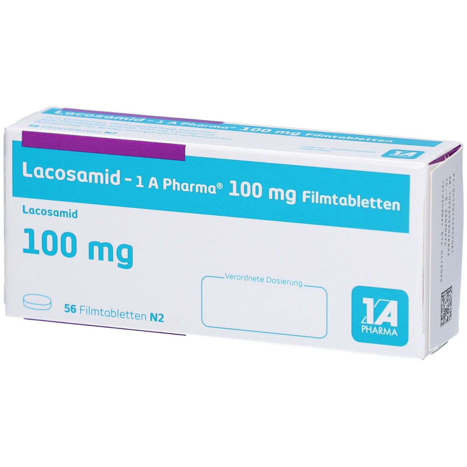 Schachtel LACOSAMID-1A Pharma 100 mg Filmtabletten. Weiße Verpackung mit blauem Streifen und Produktinformationen.