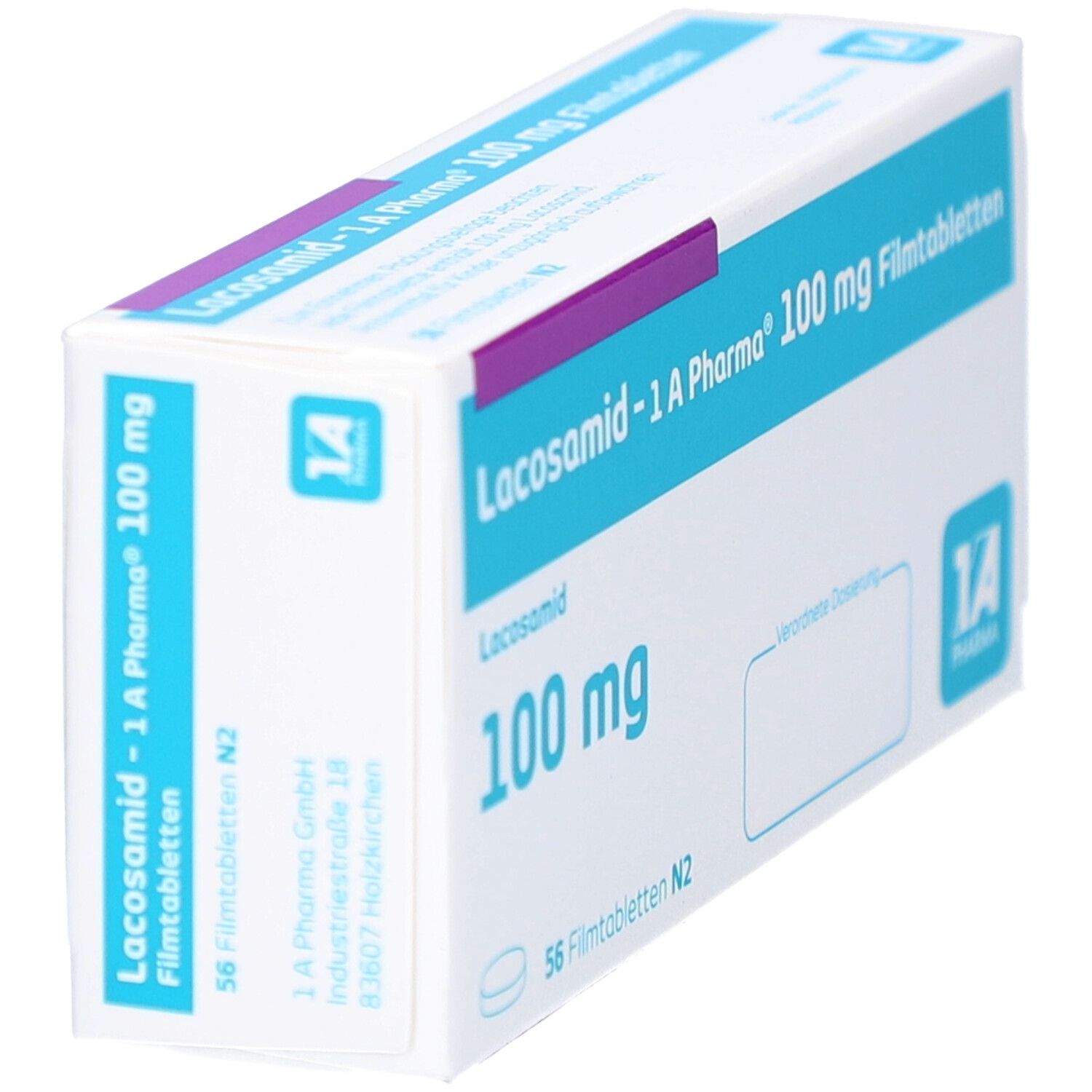 Schachtel LACOSAMID-1A Pharma 100 mg Filmtabletten. Weiße Verpackung mit blauem Streifen und Produktinformationen.