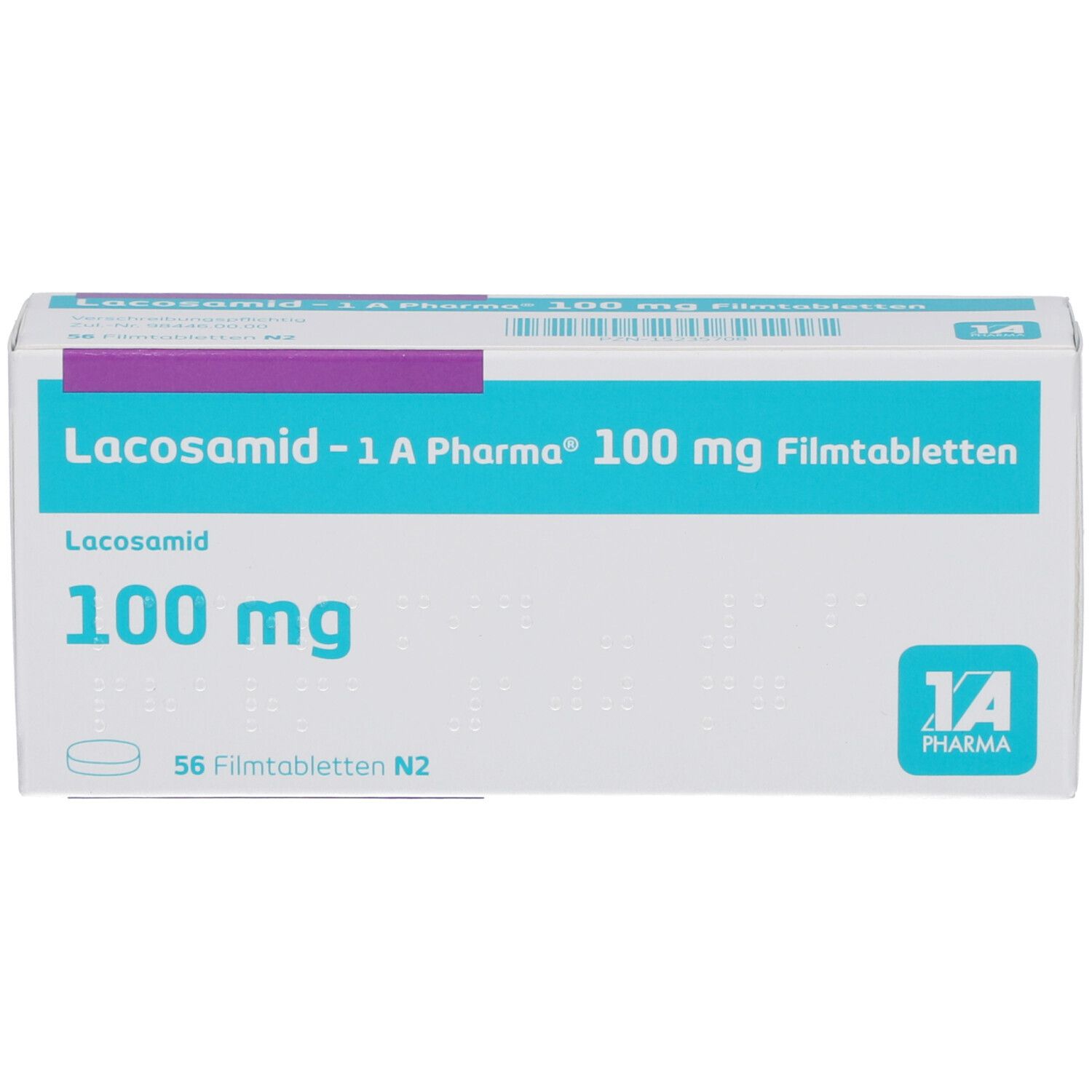 Schachtel LACOSAMID-1A Pharma 100 mg Filmtabletten. Weiße Verpackung mit blauem Streifen und Produktinformationen.