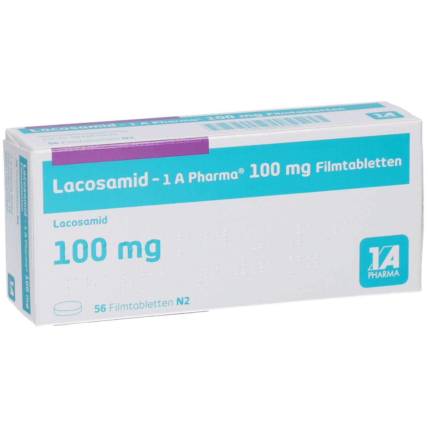 Schachtel LACOSAMID-1A Pharma 100 mg Filmtabletten. Weiße Verpackung mit blauem Streifen und Produktinformationen.