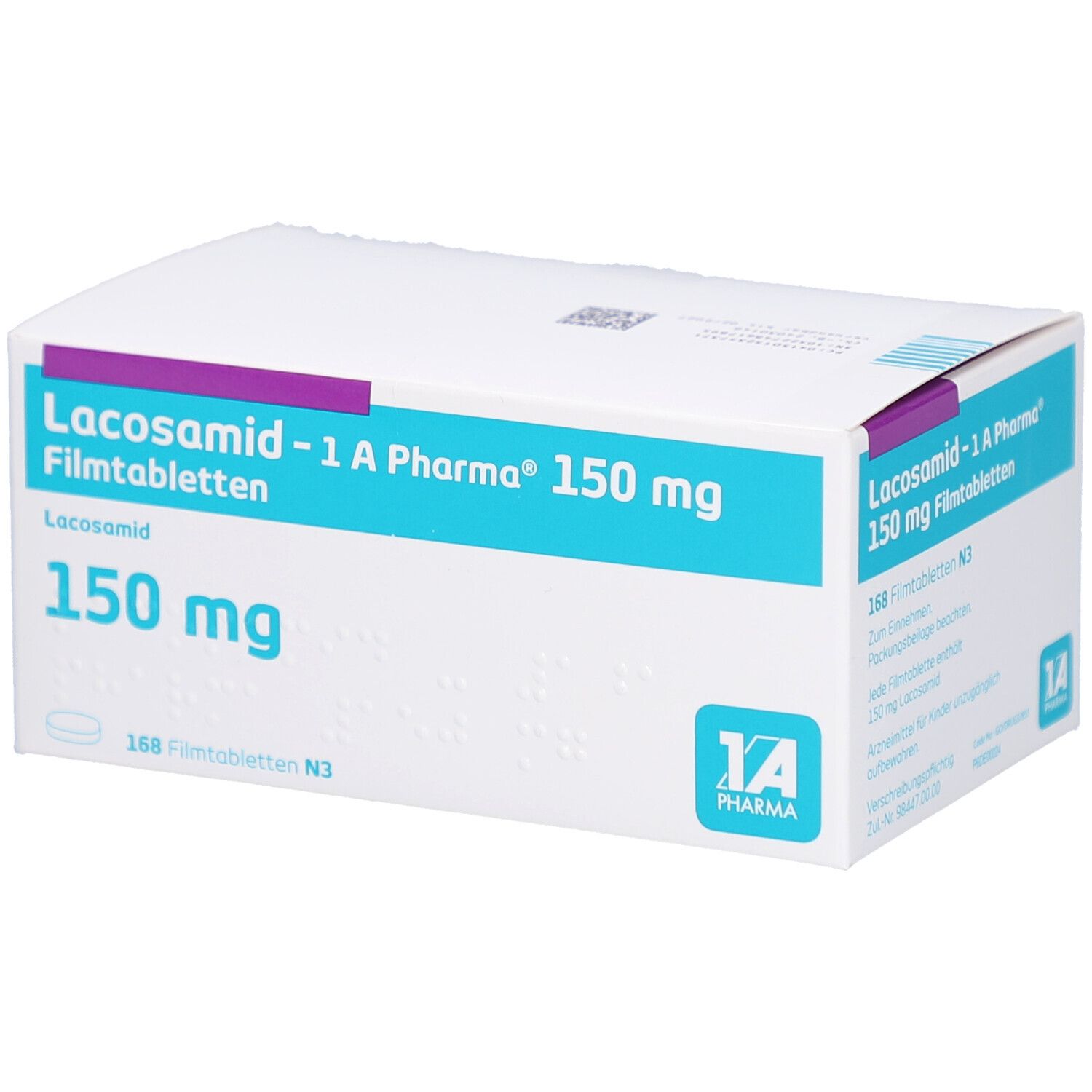 Schachtel mit LACOSAMID-1 A Pharma 150 mg Filmtabletten. Türkis-weiße Verpackung mit Produktnamen und Dosierung.