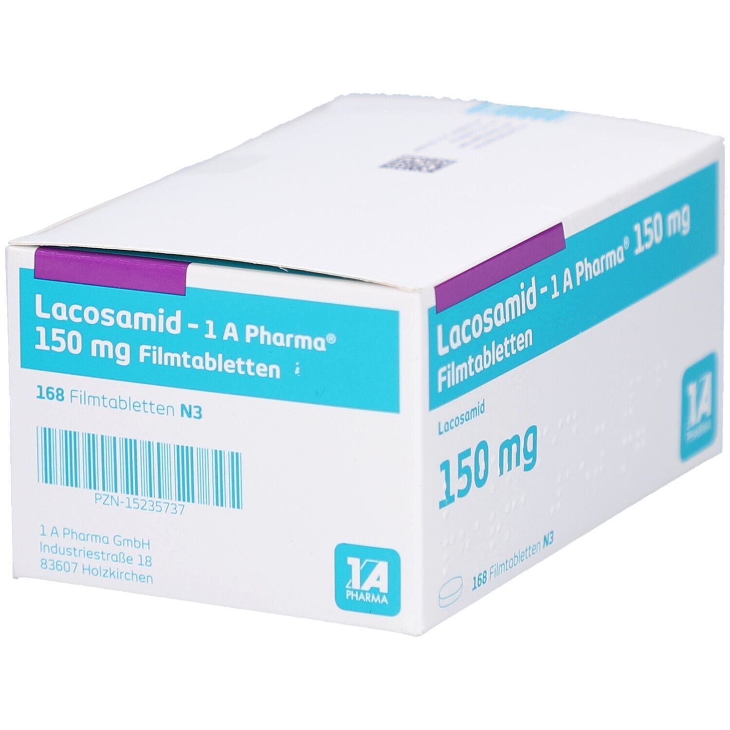 Schachtel LACOSAMID-1 A Pharma 150 mg Filmtabletten. Verpackung mit Produktnamen, Dosierung und Barcode.
