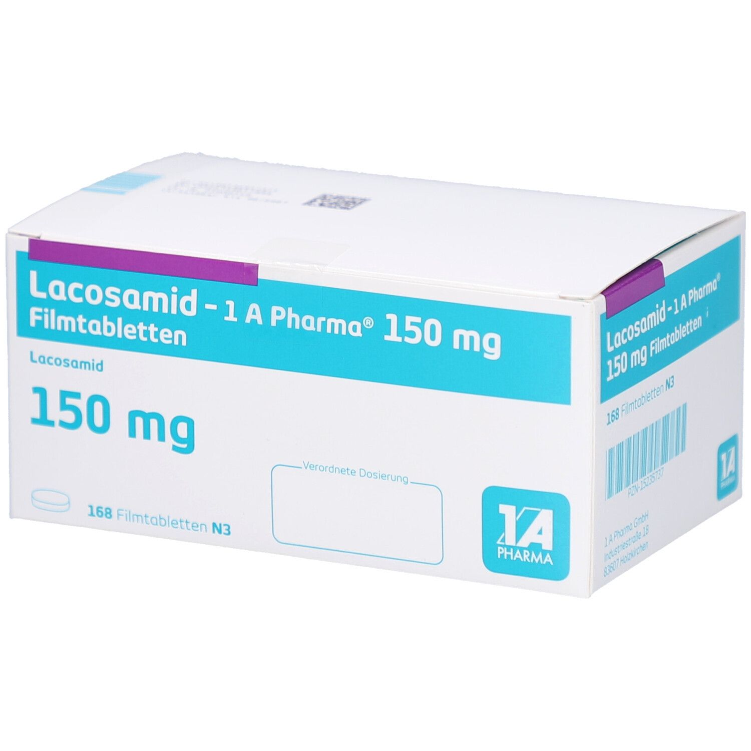 Schachtel LACOSAMID-1 A Pharma 150 mg Filmtabletten. Türkis-weiße Verpackung mit Produktnamen und Dosierung.