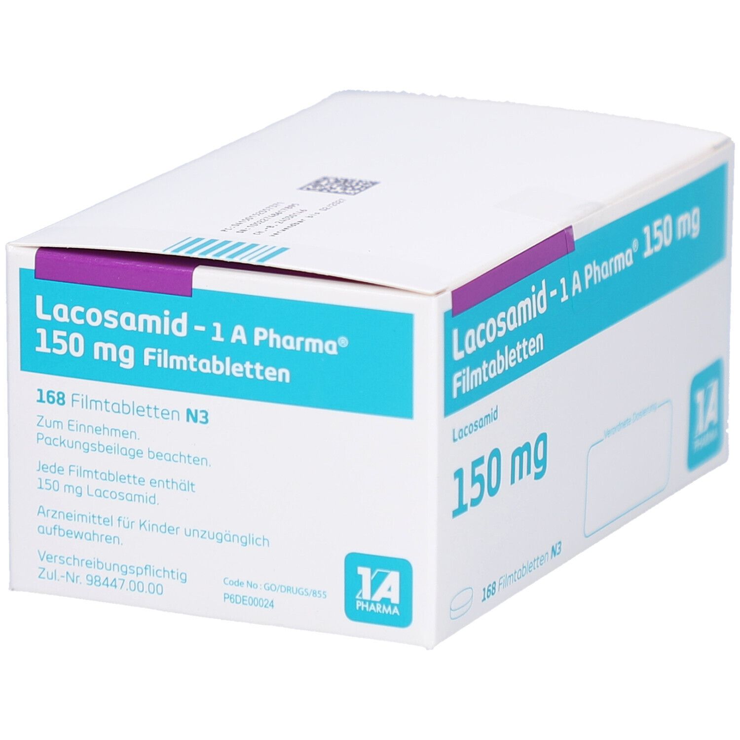 Schachtel LACOSAMID-1 A Pharma 150 mg Filmtabletten. Verpackung mit Produktnamen, Dosierung und Textinformationen.