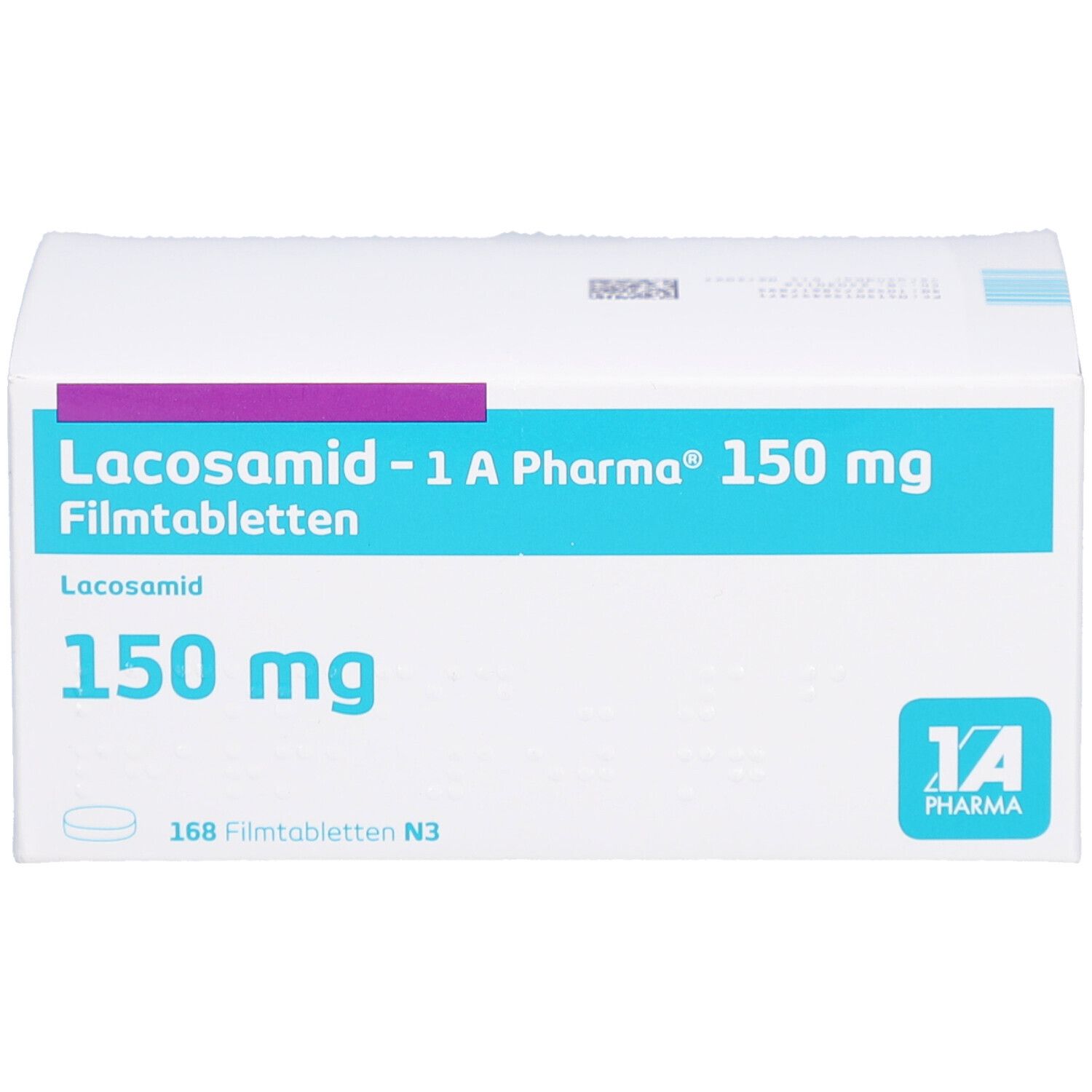 Schachtel LACOSAMID-1 A Pharma 150 mg Filmtabletten. Türkis-weiße Verpackung mit Produktnamen und Dosierung.