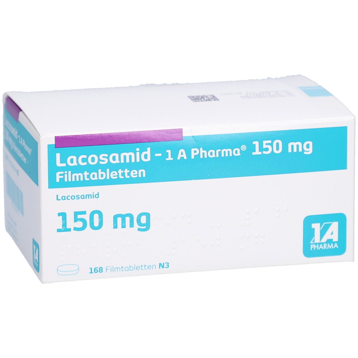 Schachtel LACOSAMID-1 A Pharma 150 mg Filmtabletten. Verpackung mit Produktnamen und Dosierung.
