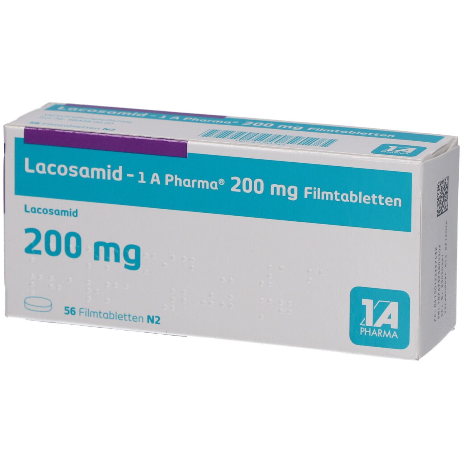 Schachtel mit LACOSAMID-1A Pharma 200 mg Filmtabletten. Aufschrift: 200 mg, 56 Filmtabletten N2. Logo 1A Pharma.