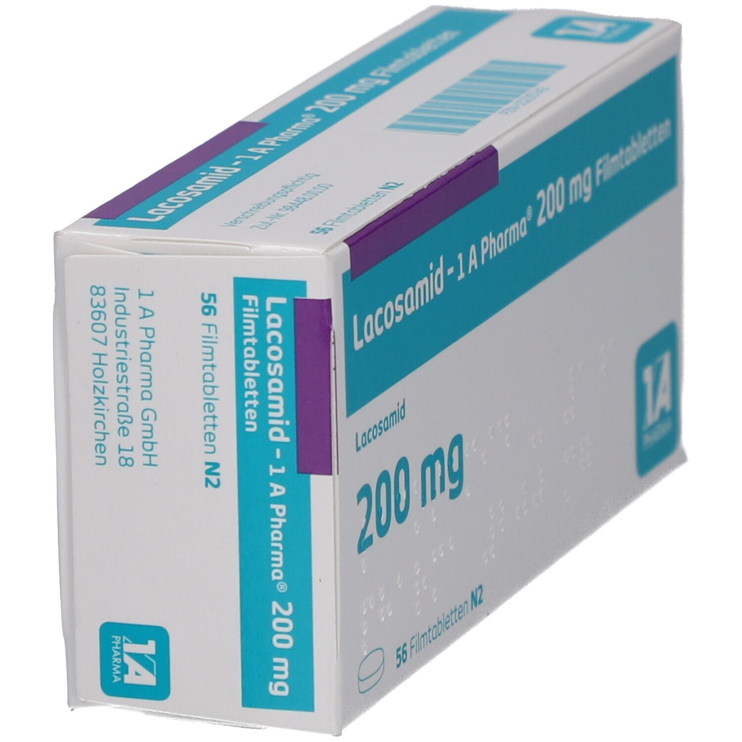 Schachtel LACOSAMID-1A Pharma 200 mg Filmtabletten. Aufschrift: 200 mg, 56 Filmtabletten N2. Logo 1A Pharma. Ansicht schräg.