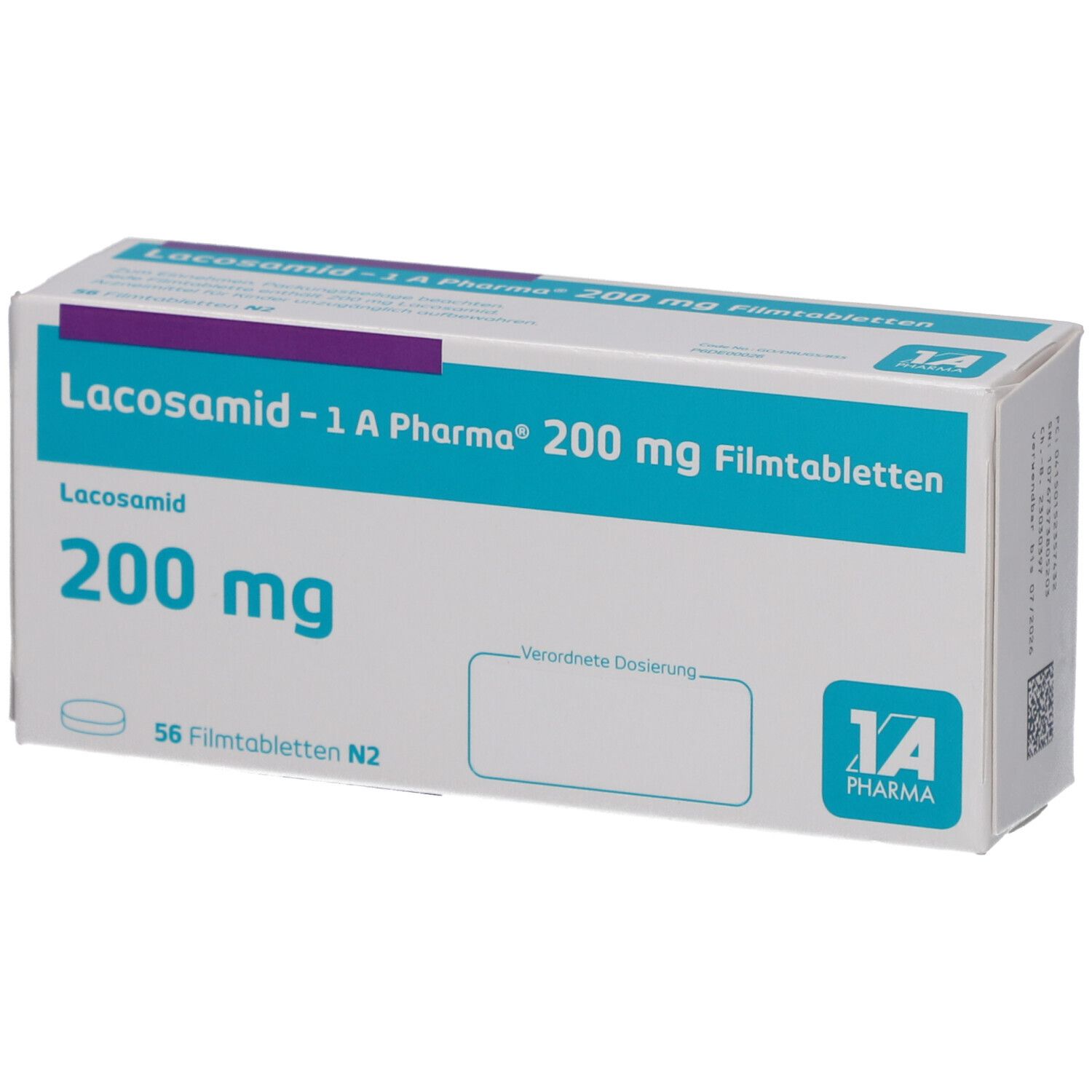 Schachtel mit LACOSAMID-1A Pharma 200 mg Filmtabletten. Aufschrift: 200 mg, 56 Filmtabletten N2. Logo 1A Pharma. Freifläche für Dosierung.