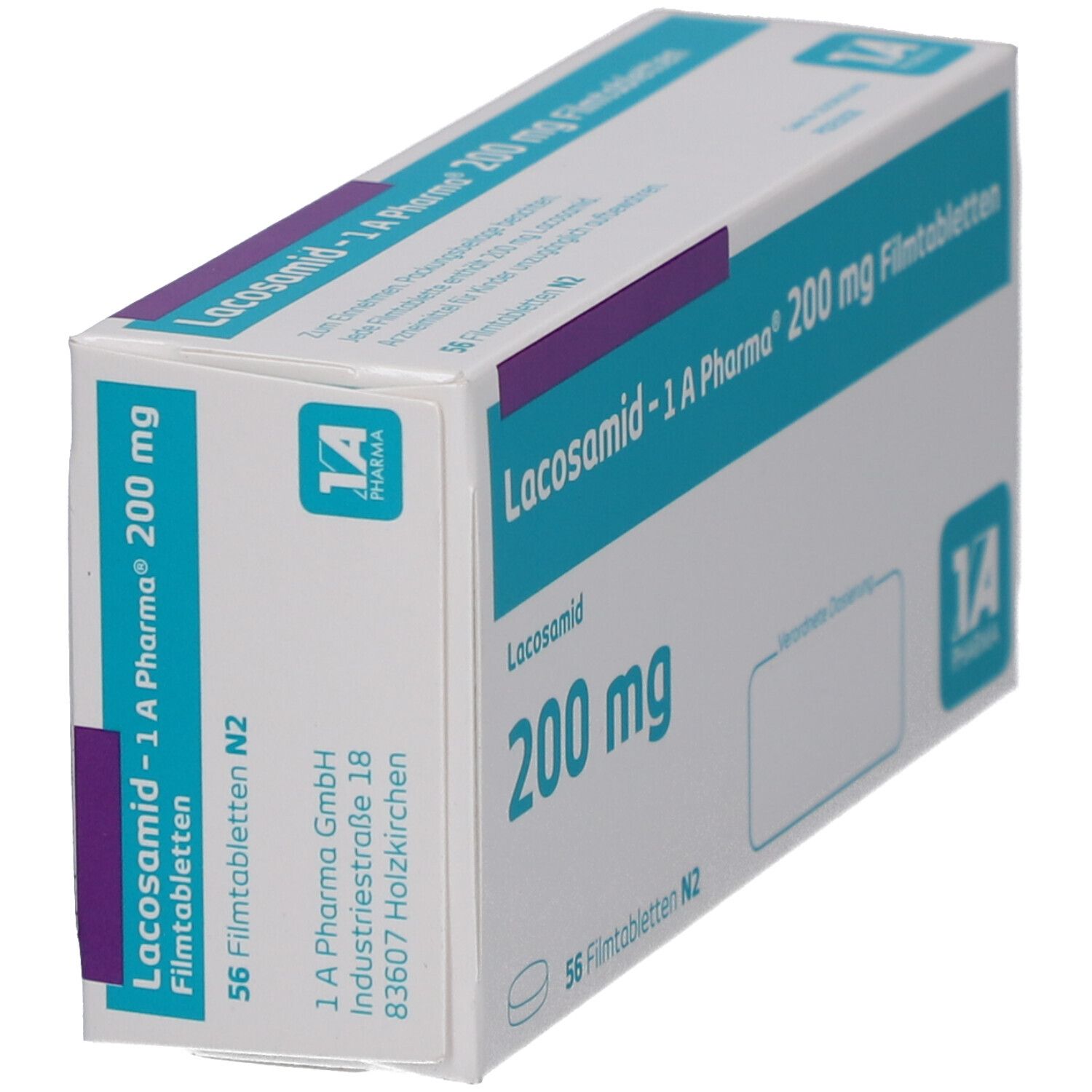 Schachtel LACOSAMID-1A Pharma 200 mg Filmtabletten. Aufschrift: 200 mg, 56 Filmtabletten N2. Logo 1A Pharma. Ansicht schräg.