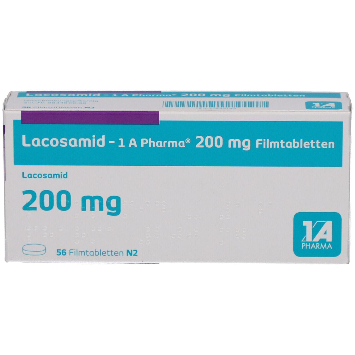 Schachtel mit LACOSAMID-1A Pharma 200 mg Filmtabletten. Aufschrift: 200 mg, 56 Filmtabletten N2. Logo 1A Pharma.
