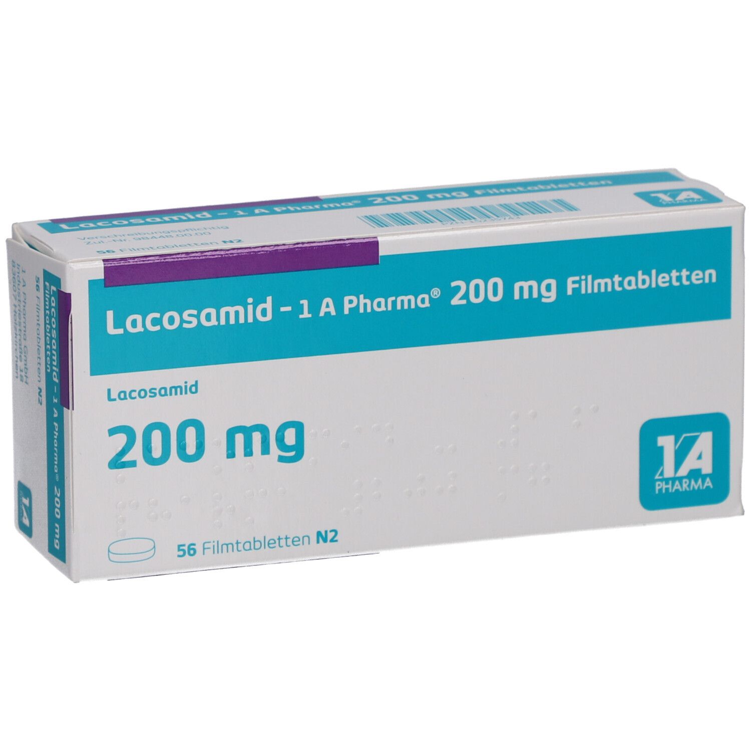 Schachtel LACOSAMID-1A Pharma 200 mg Filmtabletten. Aufschrift: 200 mg, 56 Filmtabletten N2. Logo 1A Pharma. Ansicht schräg.