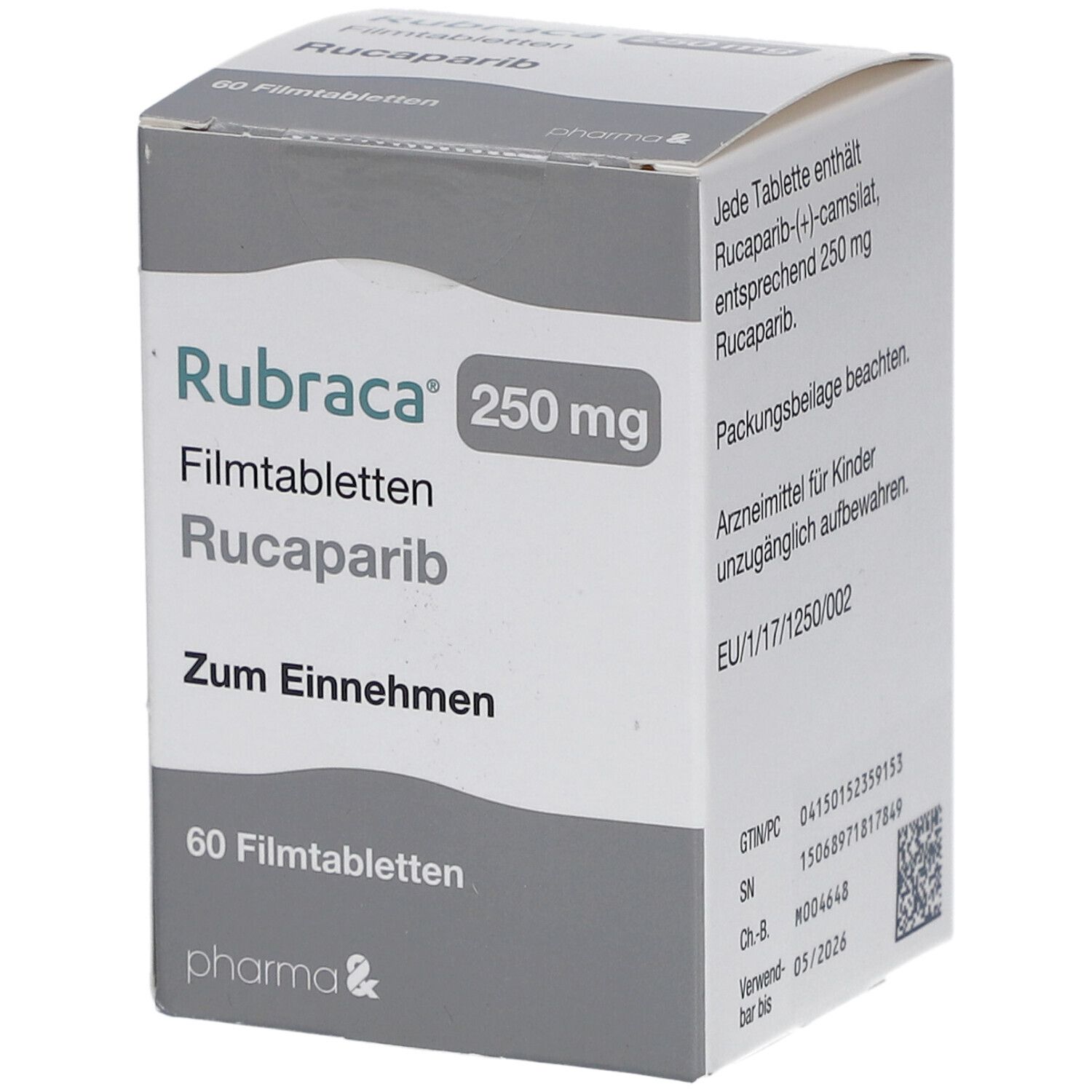 Schachtel mit Rubraca 250 mg Filmtabletten. Aufschrift: Rucaparib, 60 Filmtabletten. Pharma-Logo.