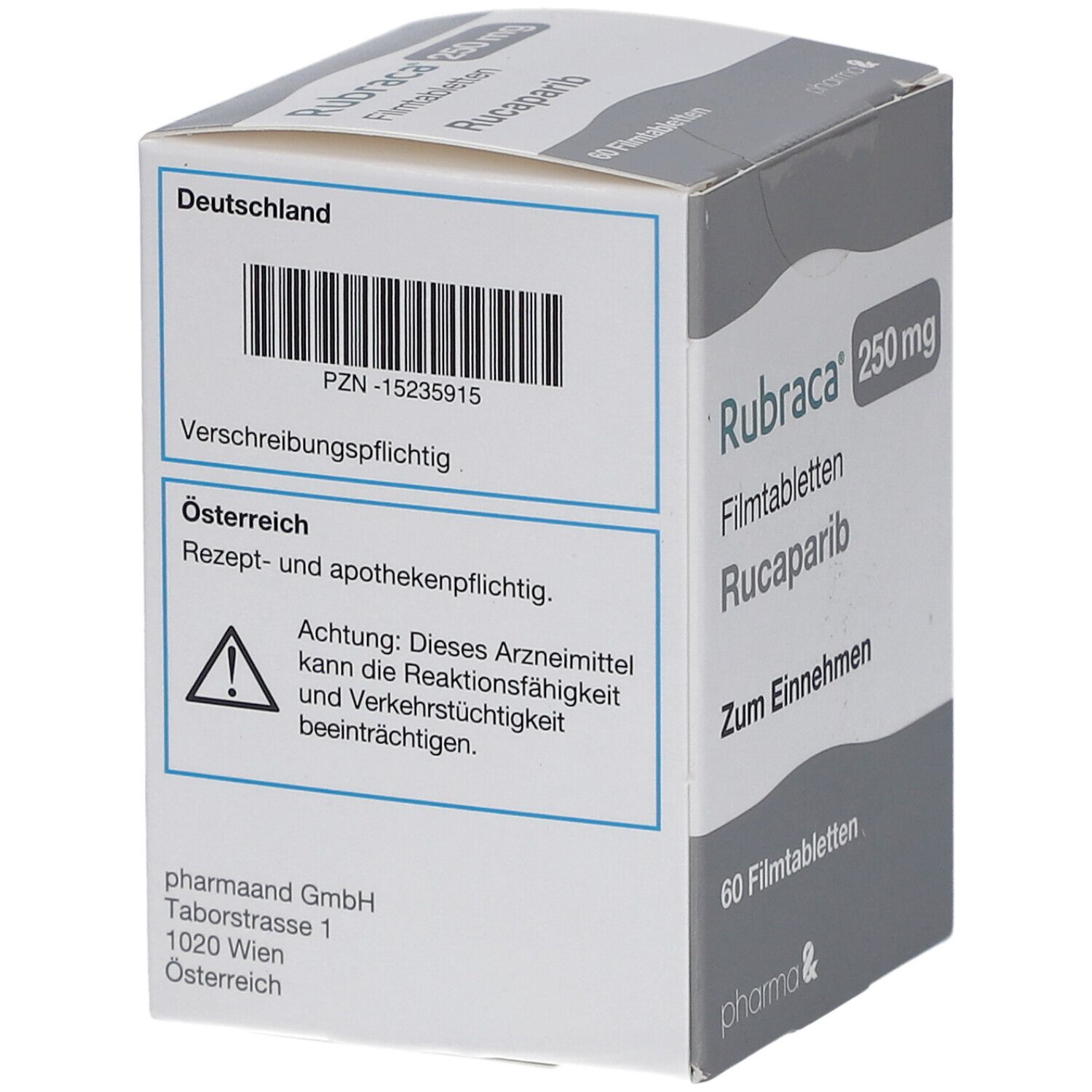 Schachtel Rubraca 250 mg Filmtabletten. Aufschrift: Rucaparib, 60 Filmtabletten. Text: Deutschland, Österreich.