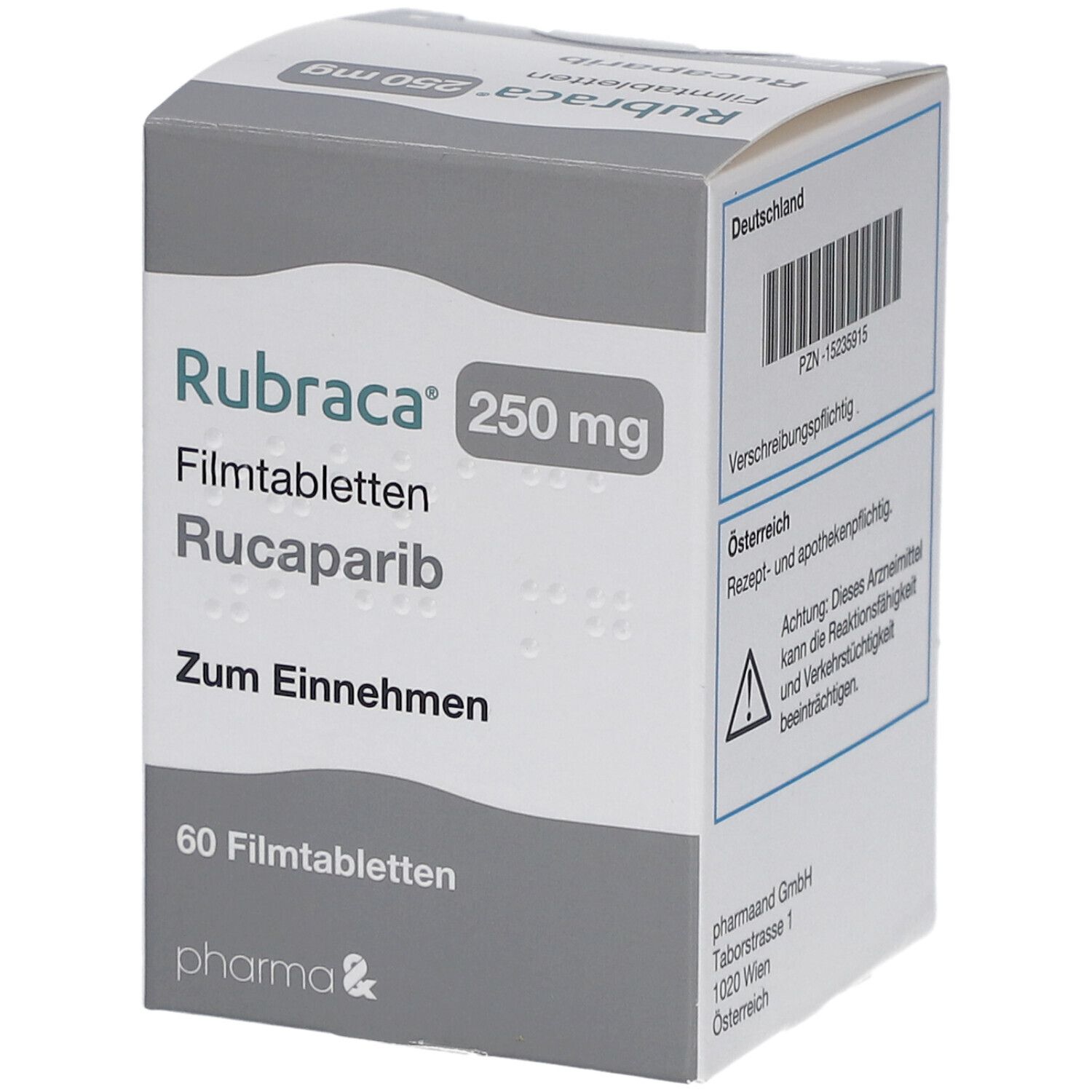 Schachtel Rubraca 250 mg Filmtabletten. Aufschrift: Rucaparib, 60 Filmtabletten. Text: Deutschland, Österreich.