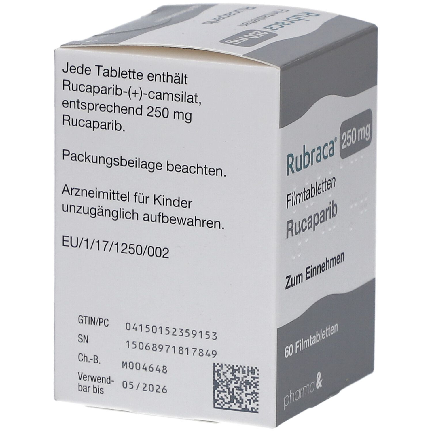 Schachtel Rubraca 250 mg Filmtabletten. Aufschrift: Rucaparib, 60 Filmtabletten. Text und QR-Code.