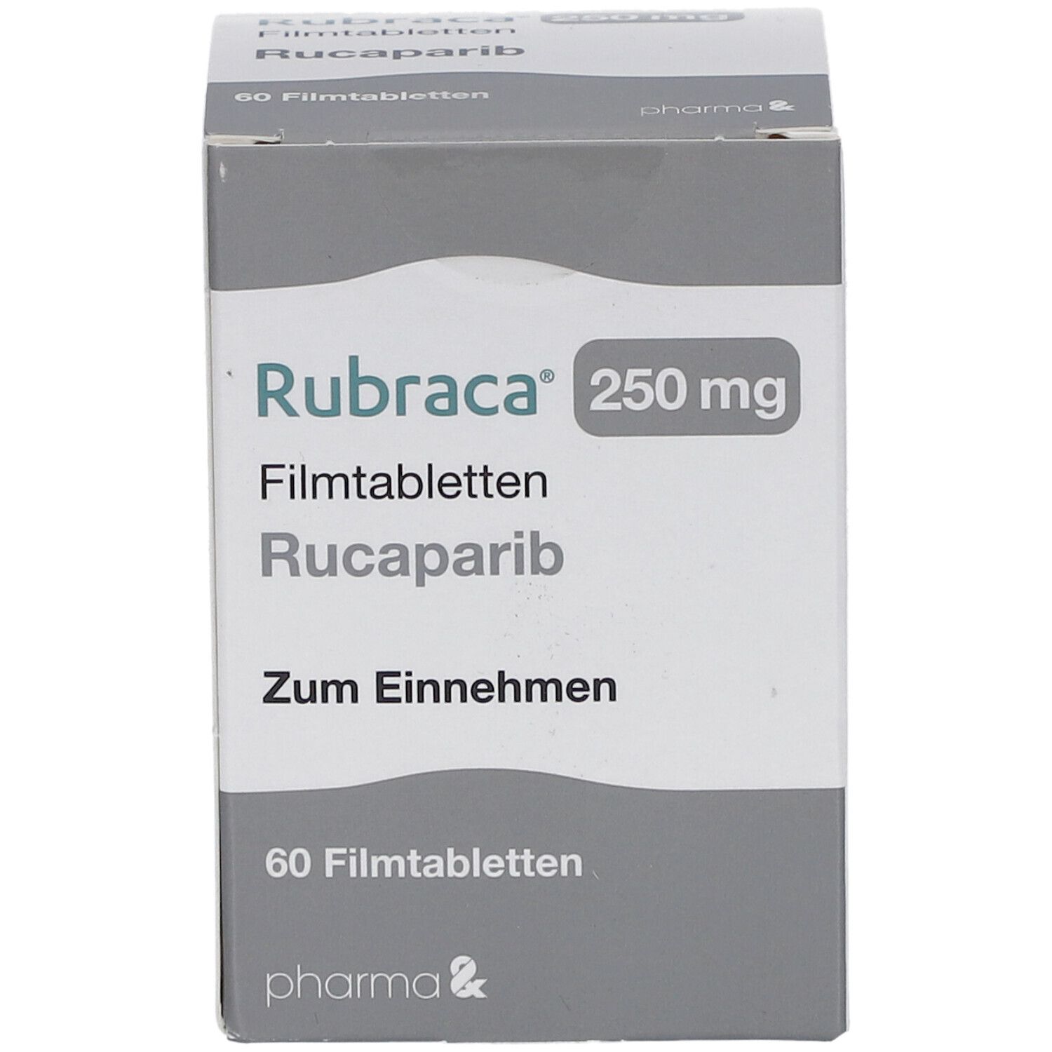 Schachtel Rubraca 250 mg Filmtabletten. Aufschrift: Rucaparib, 60 Filmtabletten. Pharma-Logo.