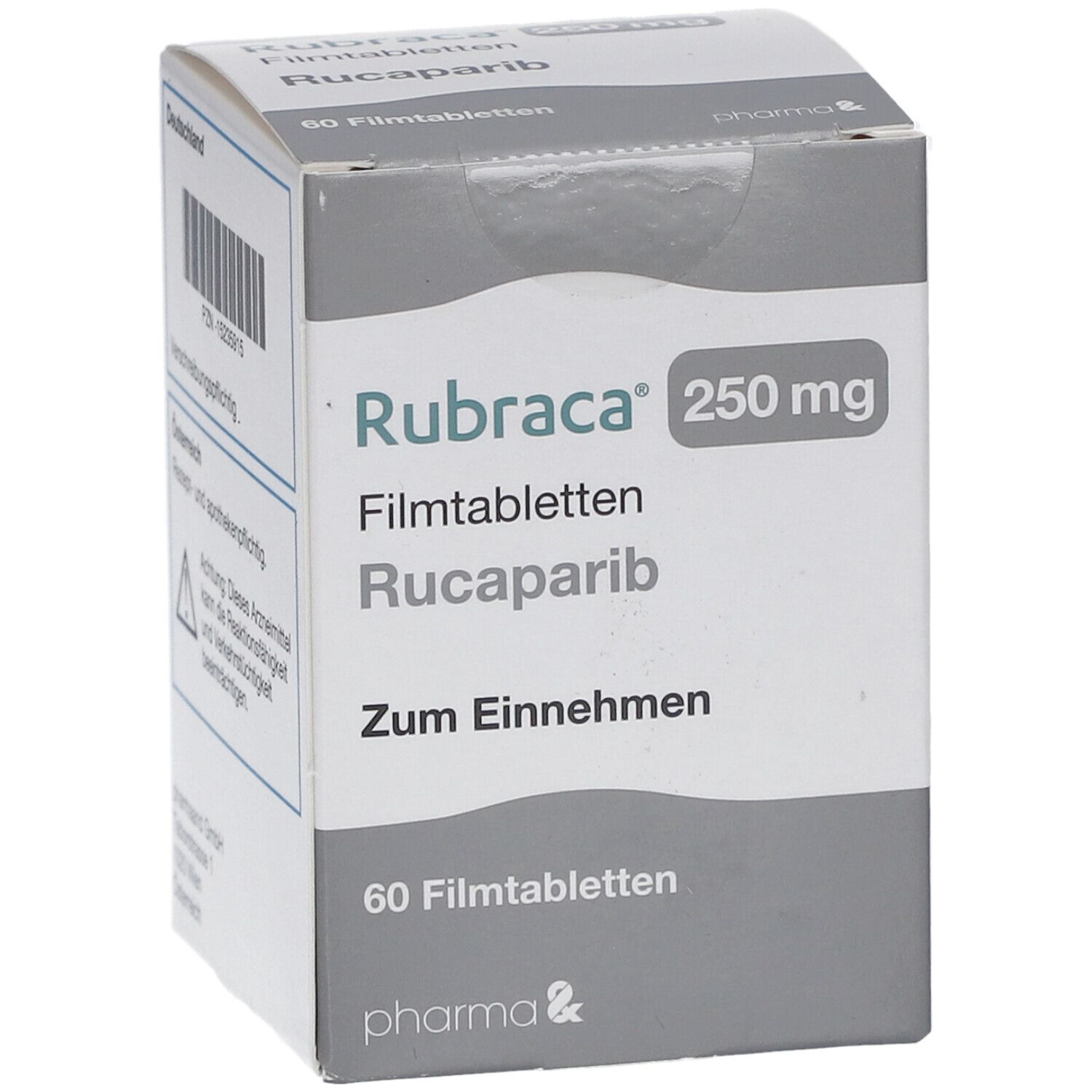 Schachtel Rubraca 250 mg Filmtabletten. Aufschrift: Rucaparib, 60 Filmtabletten. Pharma-Logo.