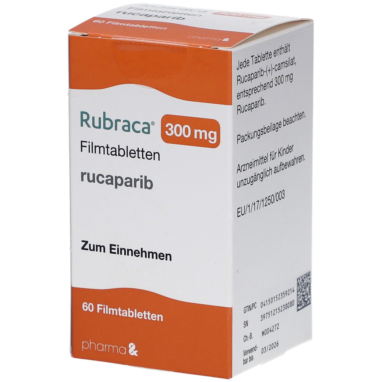 Schachtel mit Rubraca 300 mg Filmtabletten. Orange-weißes Design. Enthält 60 Tabletten. Pharma & Logo.