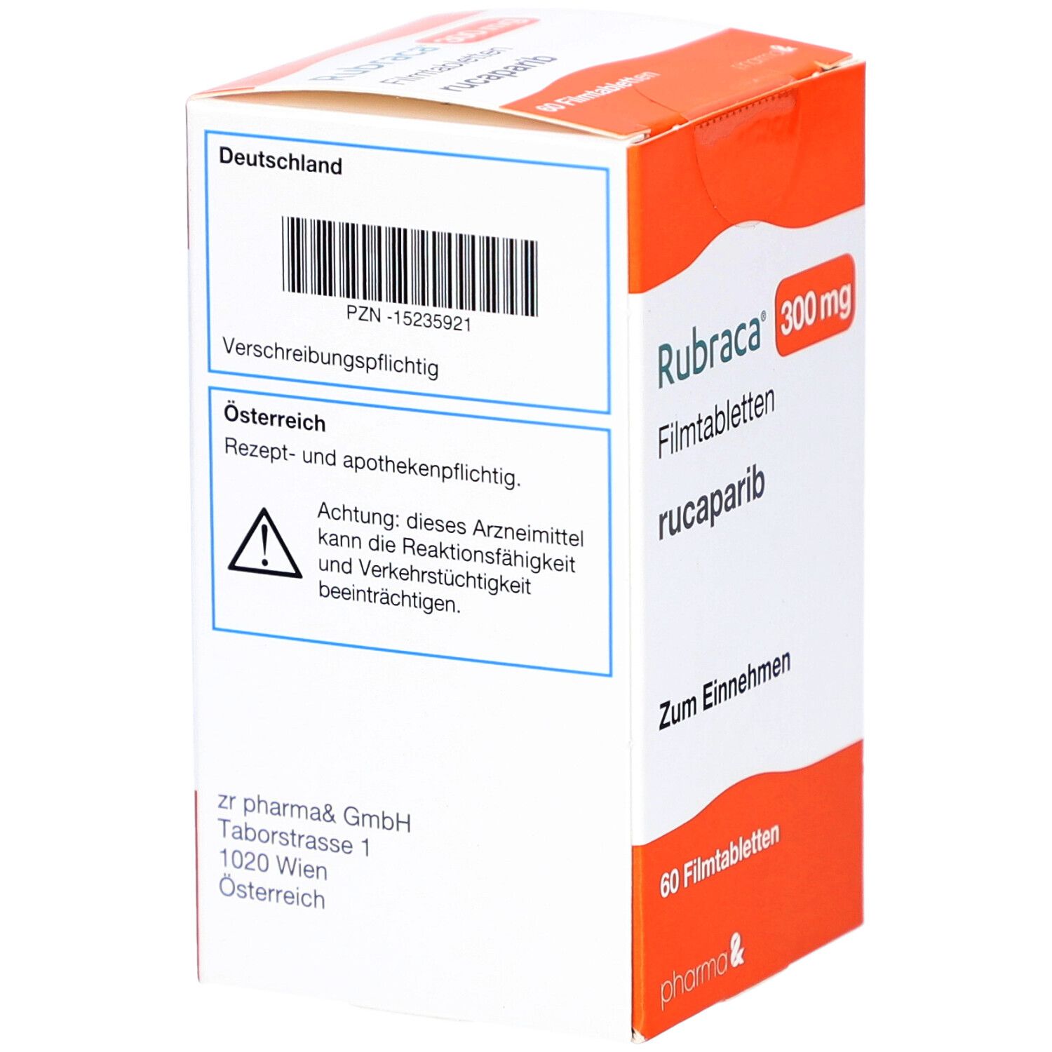Schachtel Rubraca 300 mg Filmtabletten. Orange-weißes Design. Text: Verschreibungspflichtig, 60 Tabletten. Pharma & Logo.
