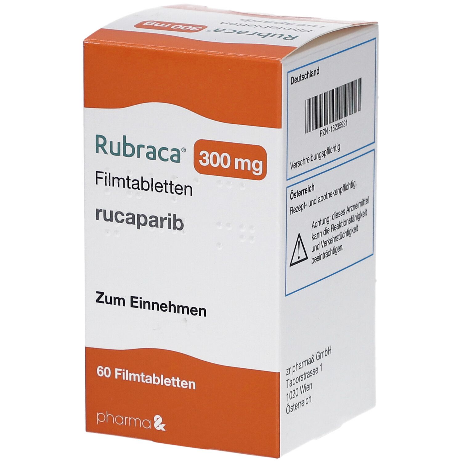 Schachtel Rubraca 300 mg Filmtabletten. Orange-weißes Design. Text: Verschreibungspflichtig, 60 Tabletten. Pharma & Logo.