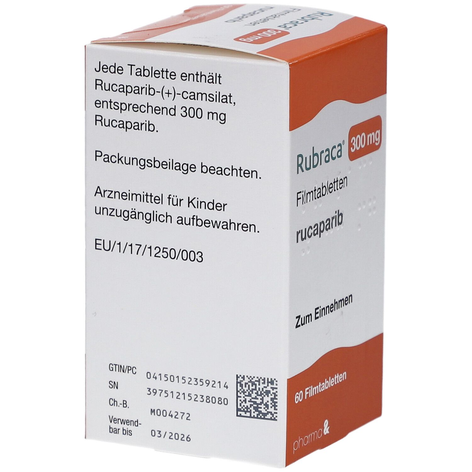 Schachtel Rubraca 300 mg Filmtabletten. Orange-weißes Design. Enthält 60 Tabletten. Pharma & Logo. Text auf der Seite.