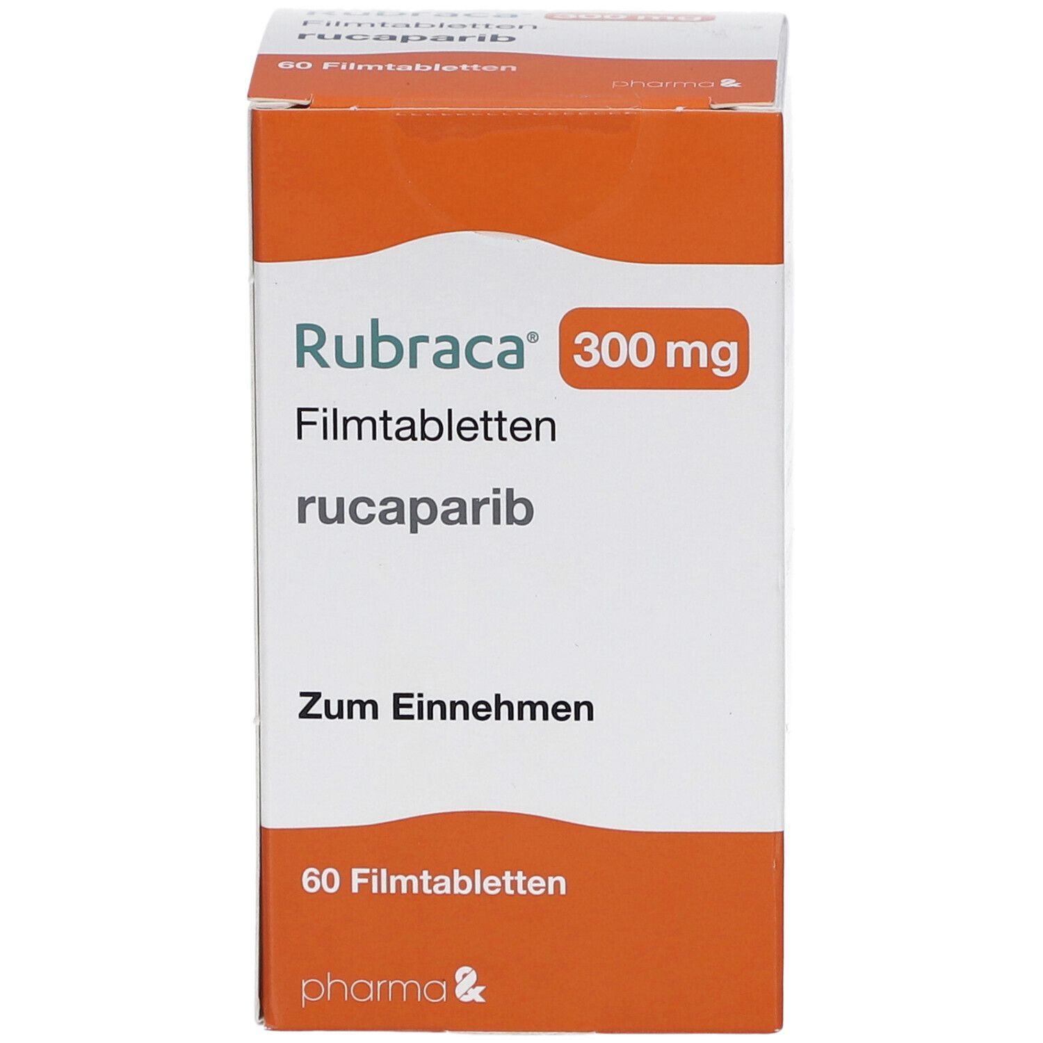 Schachtel Rubraca 300 mg Filmtabletten. Orange-weißes Design. Enthält 60 Tabletten. Pharma & Logo. Zum Einnehmen.