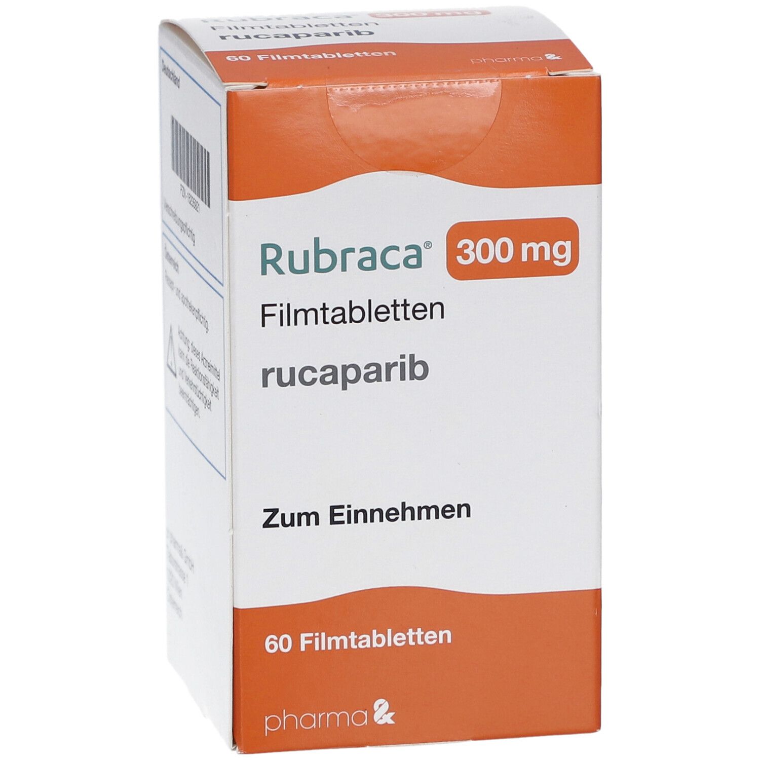 Schachtel Rubraca 300 mg Filmtabletten. Orange-weißes Design. Enthält 60 Tabletten. Pharma & Logo. Zum Einnehmen.