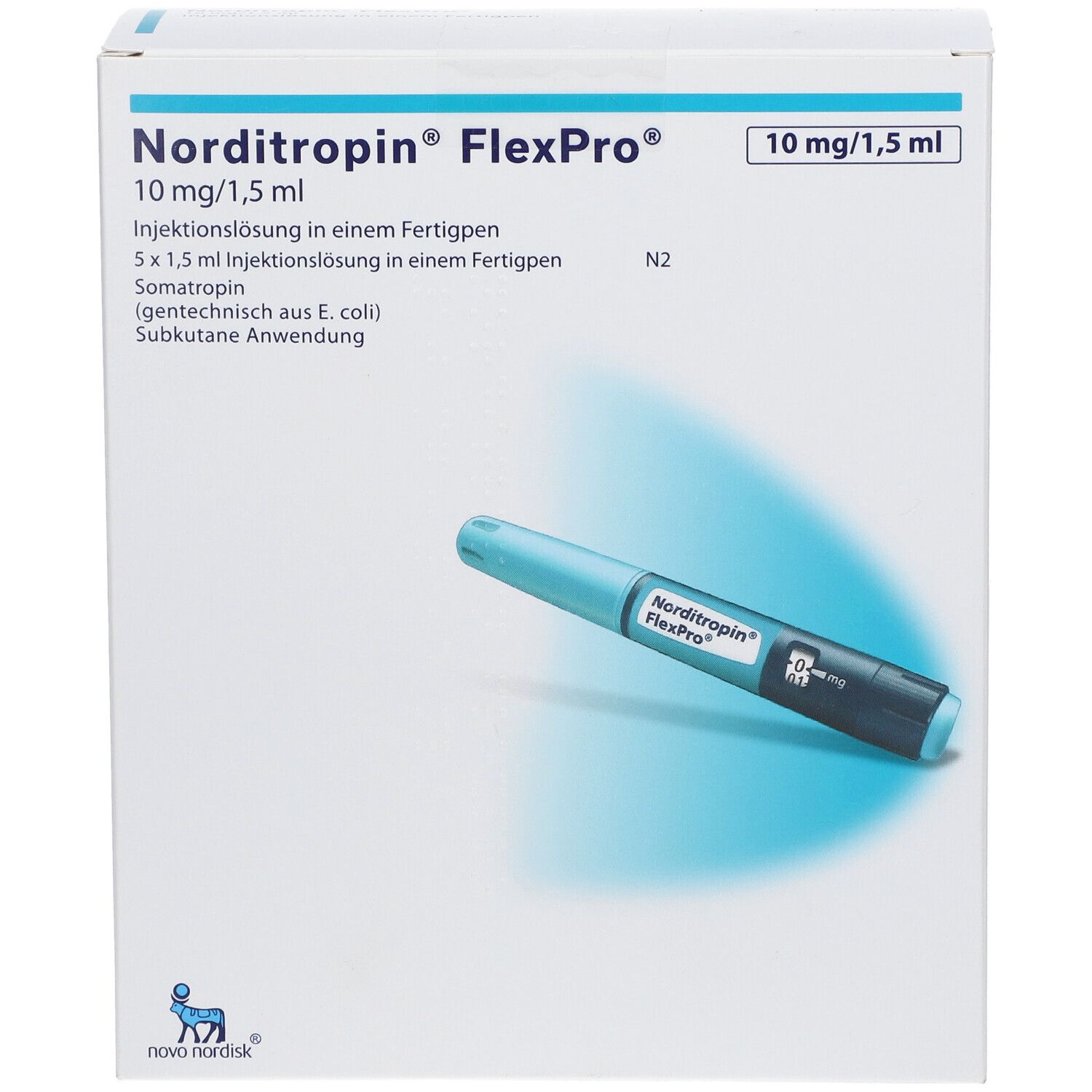Norditropin FlexPro 10 mg/1,5 ml Fertigpen-Injektionslösung in Faltschachtel, Vorderansicht.