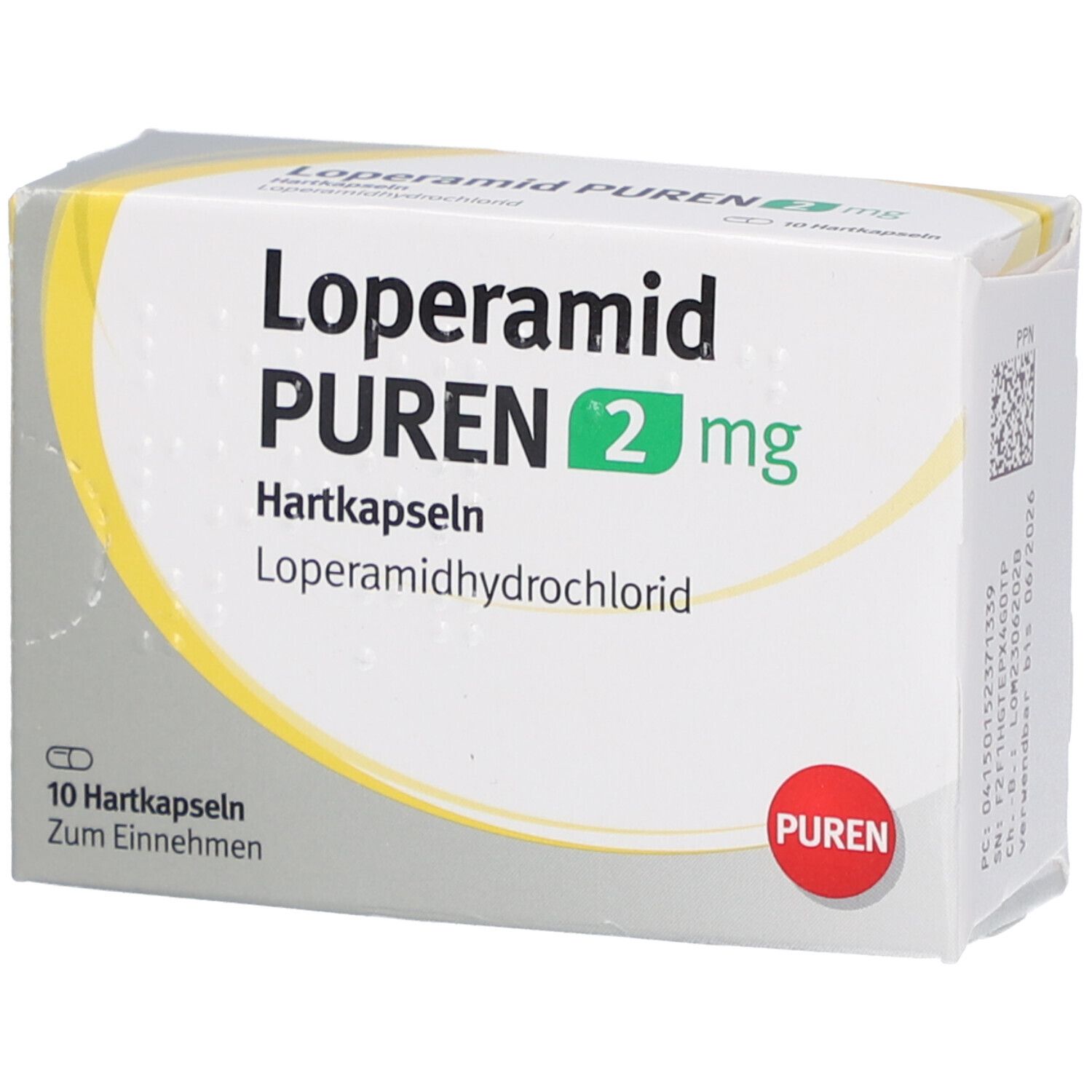 Schachtel mit Loperamid PUREN 2 mg Hartkapseln. Aufschrift: 10 Hartkapseln. Roter PUREN-Kreis.