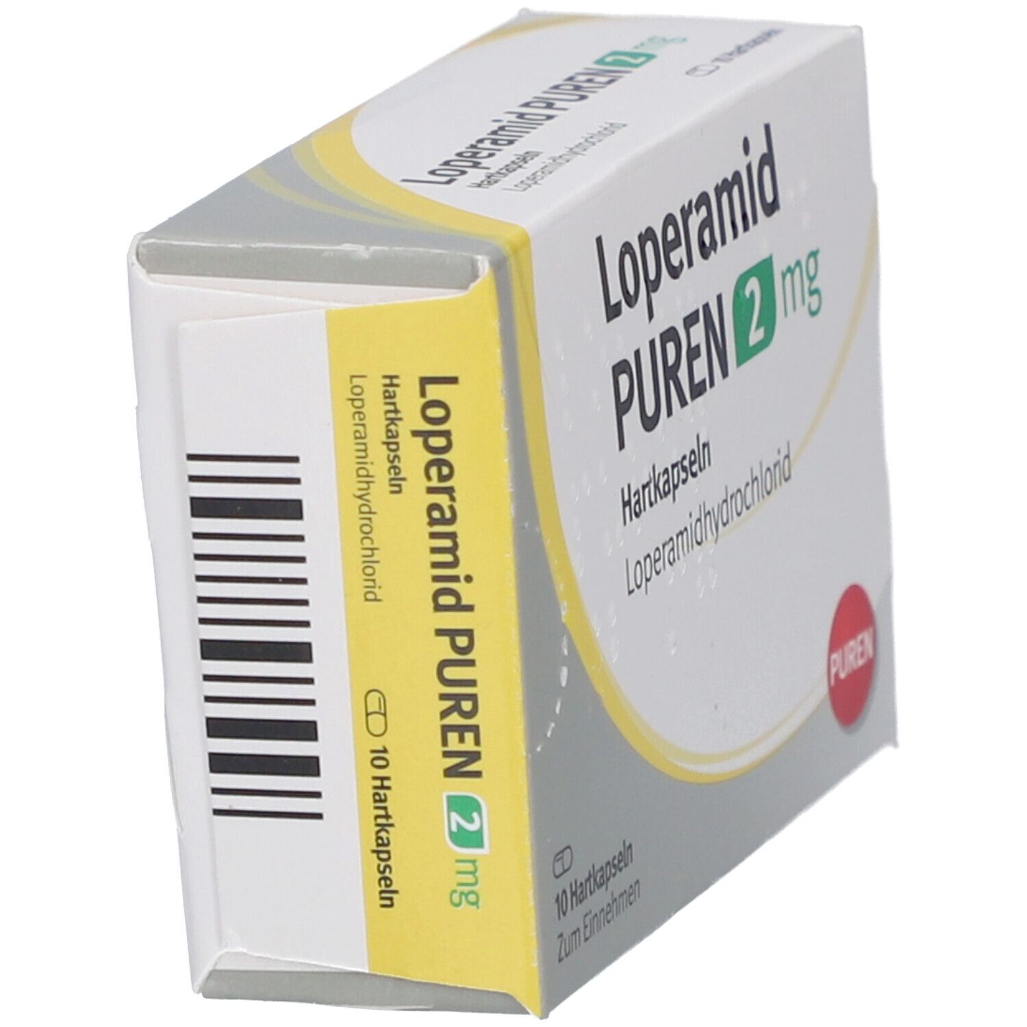 Schachtel Loperamid PUREN 2 mg. Barcode und gelbe Seite mit Produktinformationen. Roter PUREN-Kreis.