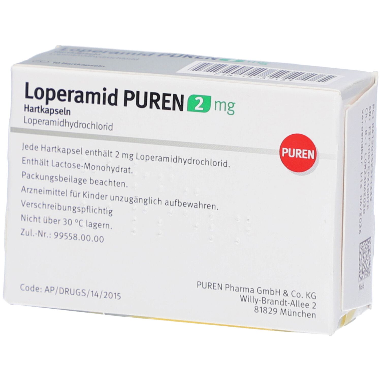Weiße Schachtel mit Loperamid PUREN 2 mg. Text: Hartkapseln, Loperamidhydrochlorid. Roter PUREN-Kreis.