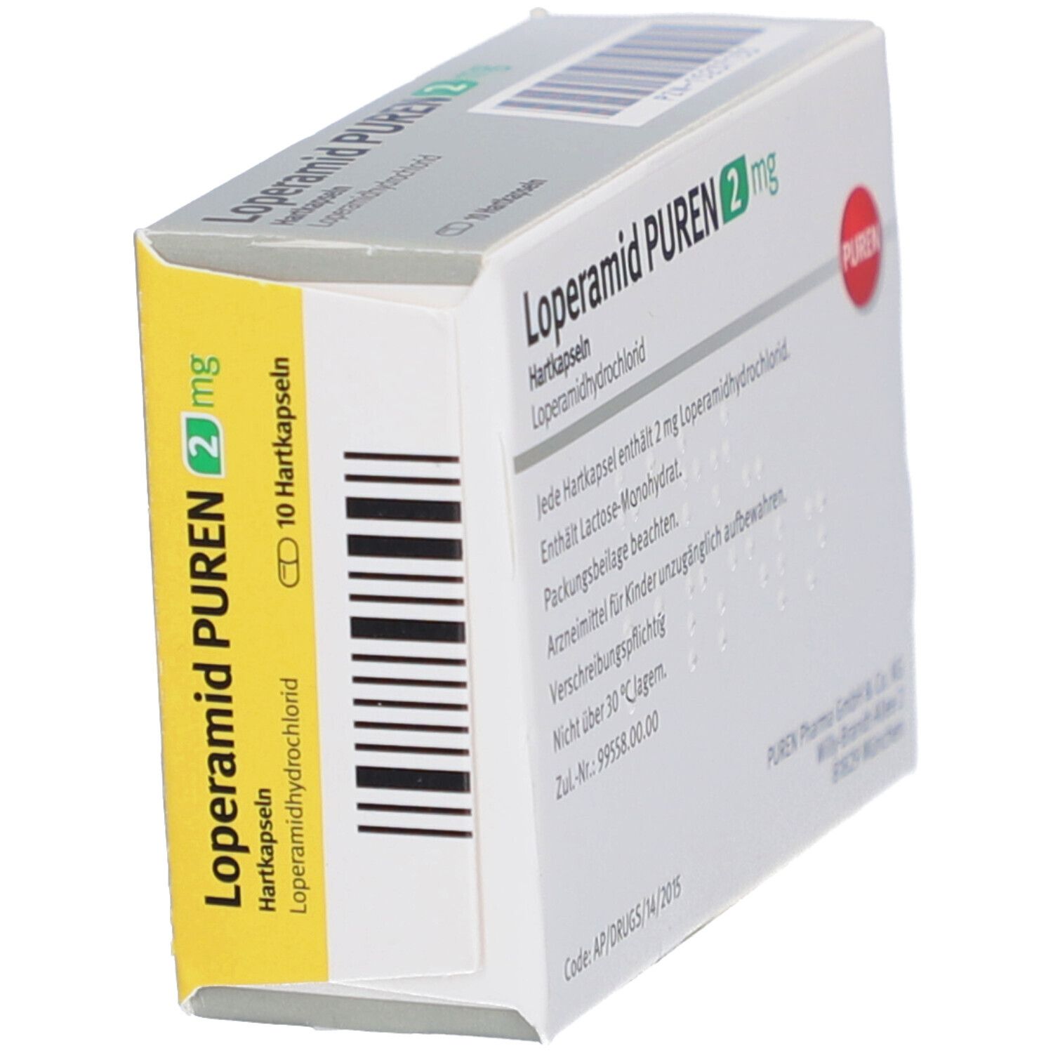 Schachtel Loperamid PUREN 2 mg, teilweise gelb. Aufschrift: 10 Hartkapseln. Roter PUREN-Kreis.