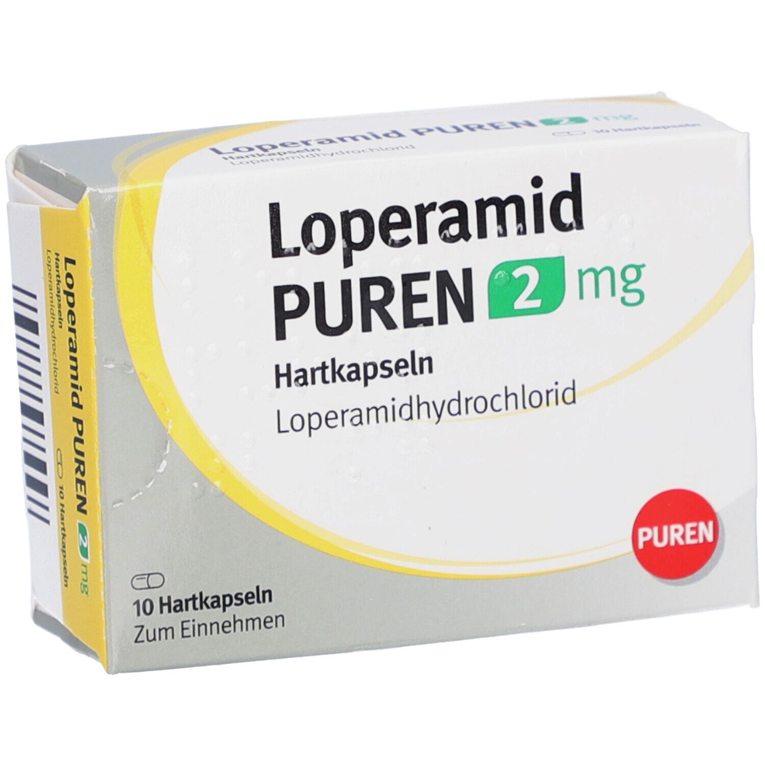 Schachtel Loperamid PUREN 2 mg. Aufschrift: 10 Hartkapseln. Roter PUREN-Kreis. Produktansicht.