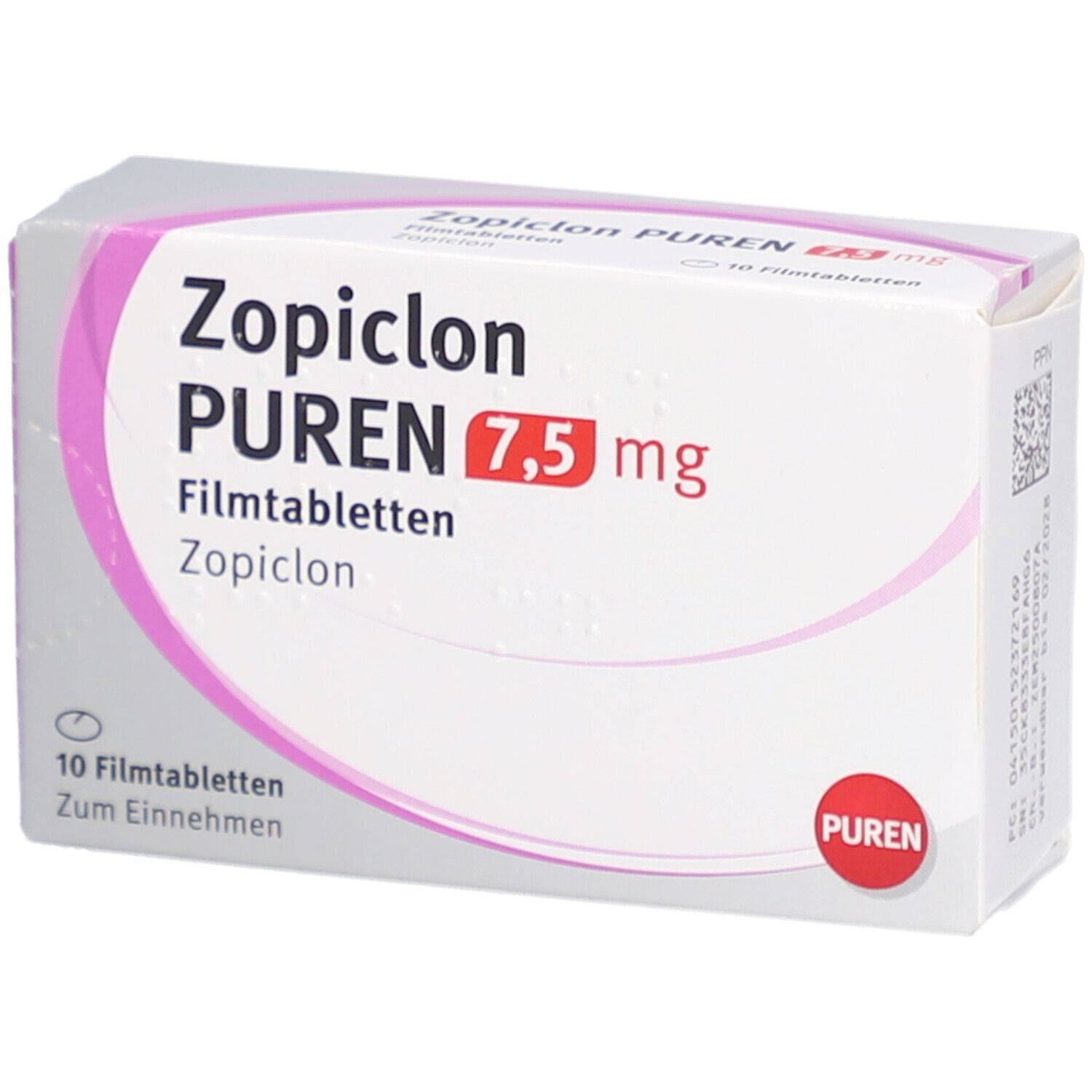 Schachtel mit Zopiclon PUREN 7,5 mg Filmtabletten. Aufschrift: 10 Filmtabletten. Marke PUREN.