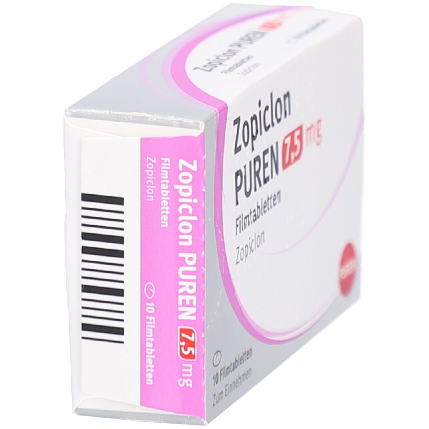 Schachtel Zopiclon PUREN 7,5 mg, Seitenansicht. Aufschrift: 10 Filmtabletten. Barcode. Marke PUREN.