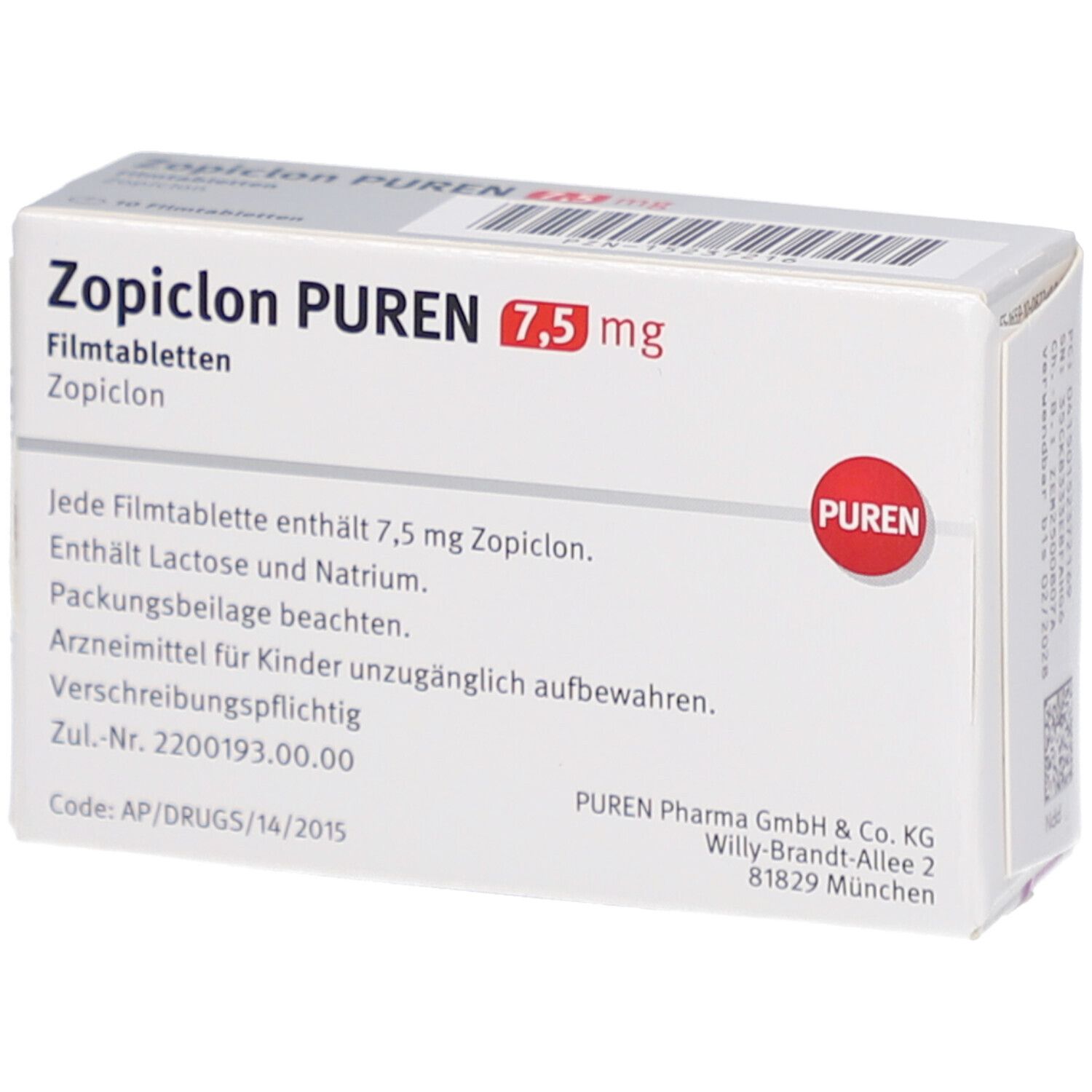 Schachtel Zopiclon PUREN 7,5 mg. Text: Enthält 7,5 mg Zopiclon. Marke PUREN. Zul.-Nr. 2200193.00.00.