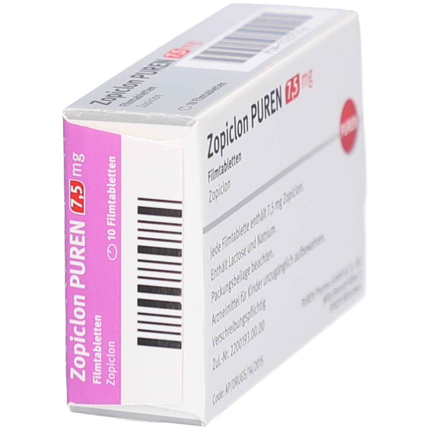 Schachtel Zopiclon PUREN 7,5 mg, Seitenansicht. Aufschrift: 10 Filmtabletten. Barcode. Marke PUREN.