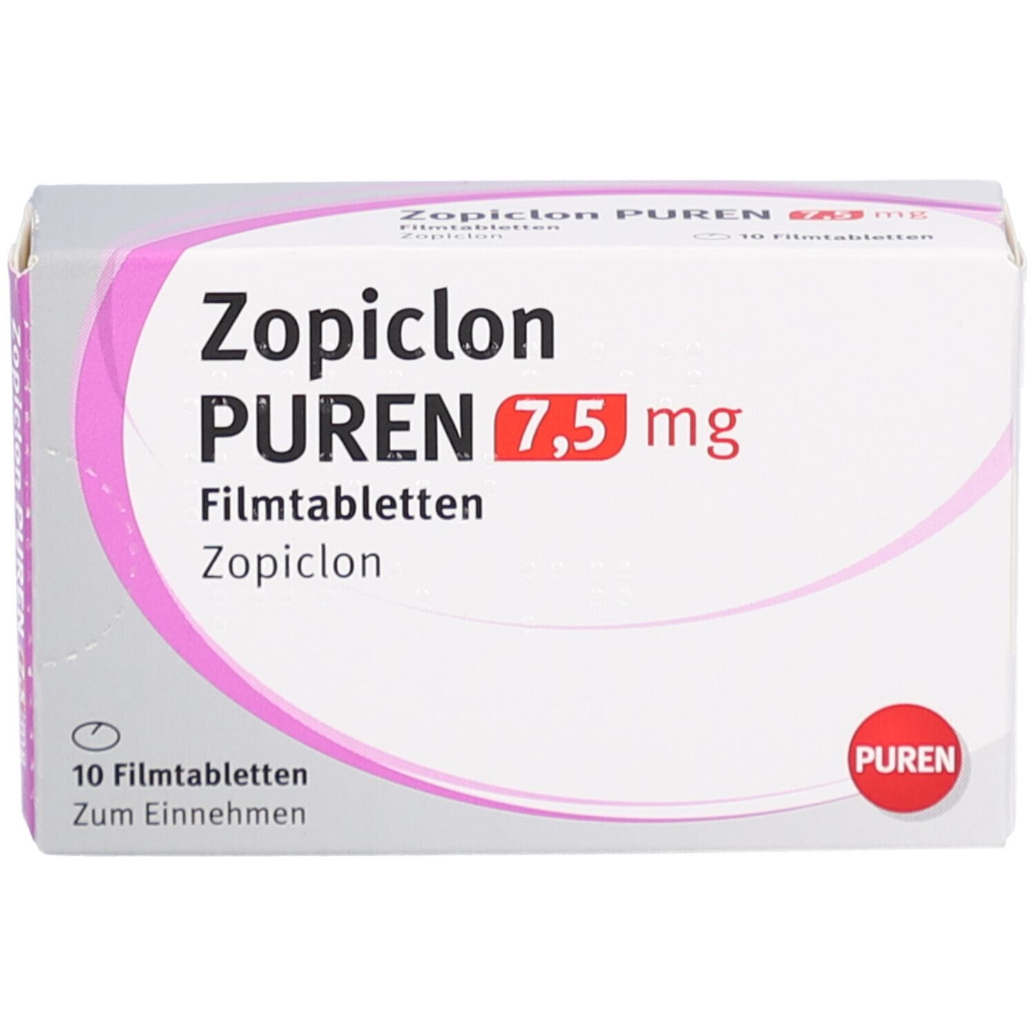 Schachtel mit Zopiclon PUREN 7,5 mg Filmtabletten. Aufschrift: 10 Filmtabletten. Marke PUREN.
