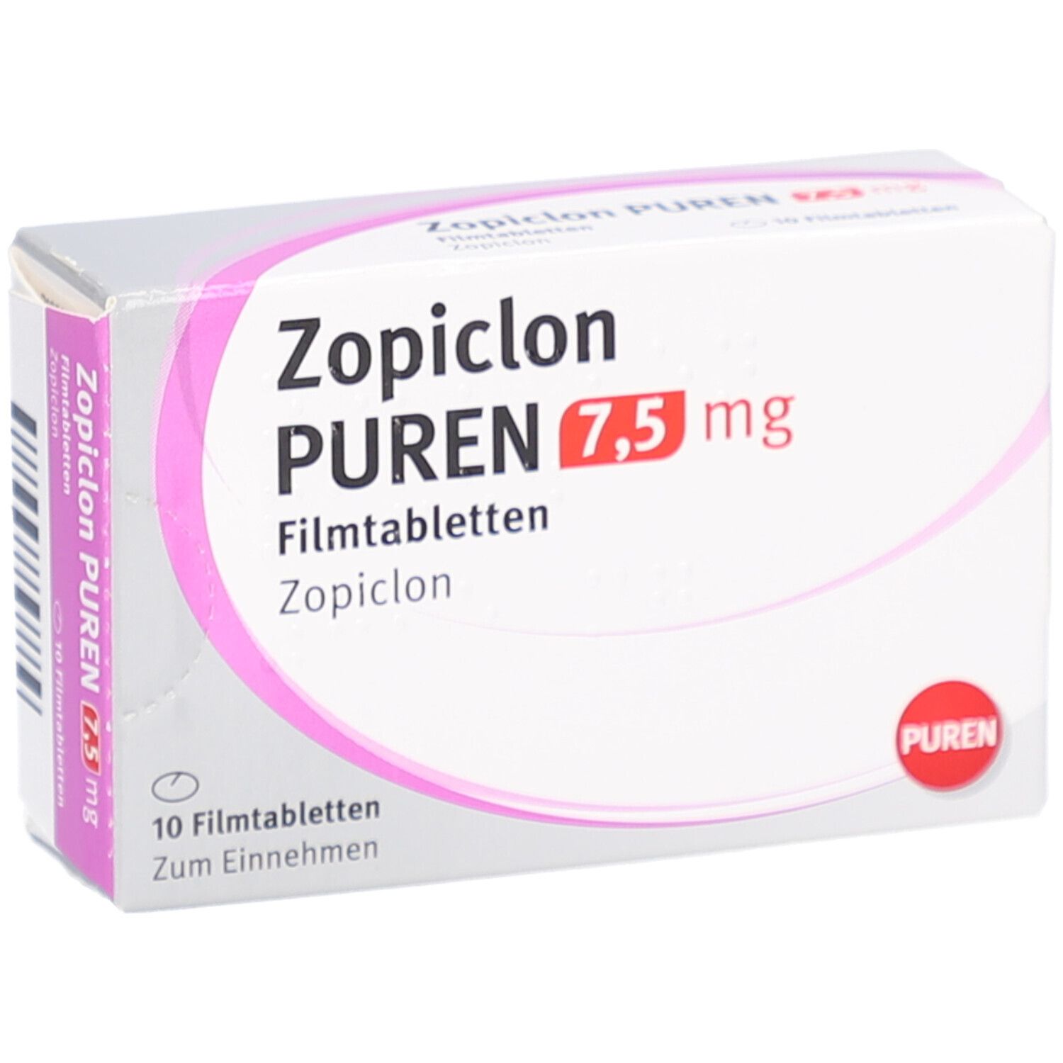 Schachtel mit Zopiclon PUREN 7,5 mg Filmtabletten. Aufschrift: 10 Filmtabletten. Marke PUREN.