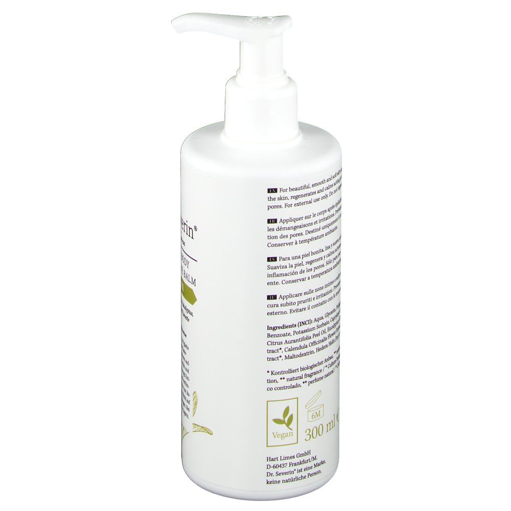 Weiße Flasche mit Pumpe. Rückseite mit Text und Inhaltsstoffen. Vegan-Siegel und 300 ml Angabe.