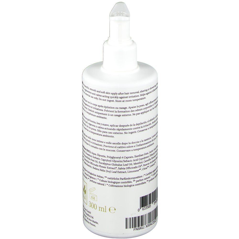Weiße Flasche mit Pumpe. Rückseite mit Text und Inhaltsstoffen. Vegan-Siegel und 300 ml Angabe.
