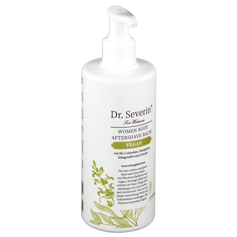 Weiße Flasche mit Pumpe. Aufschrift: Dr. Severin® For Women, Women Body Aftershave Balm, Vegan. Pflanzliche Illustrationen.
