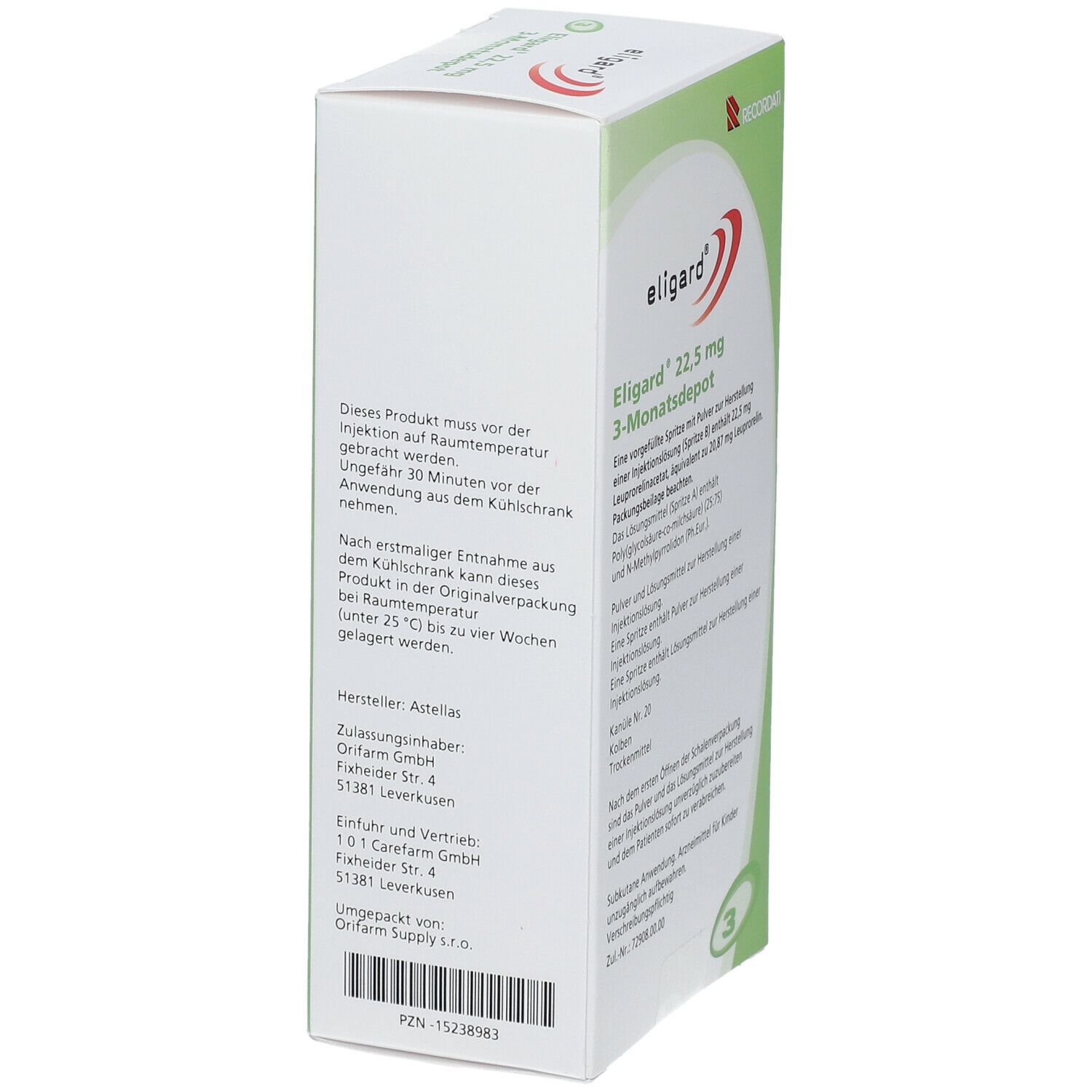 Seitenansicht der ELIGARD 22,5 mg Verpackung. Aufschrift: Pulver und Lösungsmittel zur Herstellung einer Injektionslösung. 3-Monatsdepot. Enthält 3 Einheiten.